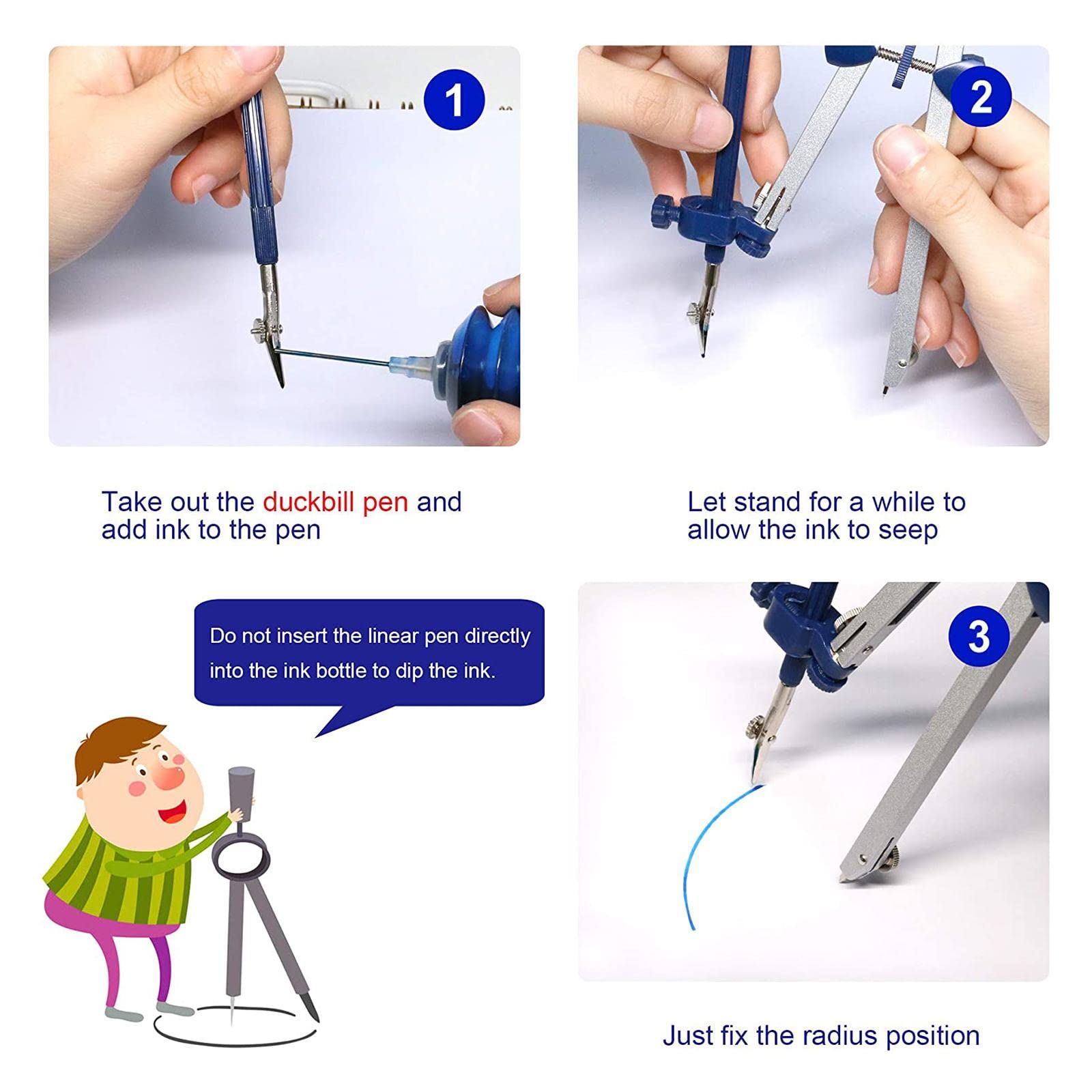 Lot de 3 compas de dessin de précision réglables 7 pièces/ensemble pour l'école, le bureau, la rédaction, style 1
