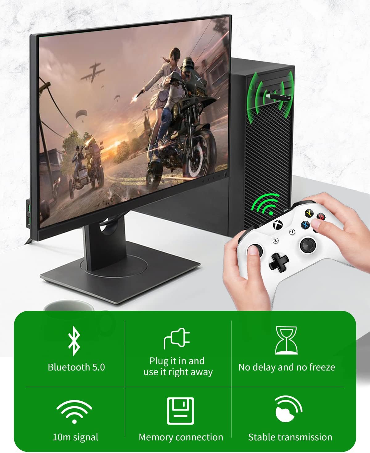 Infographic highlighting key features: Bluetooth 5.0, plug and play, no delay, 10m signal, memory connection, and stable transmission.