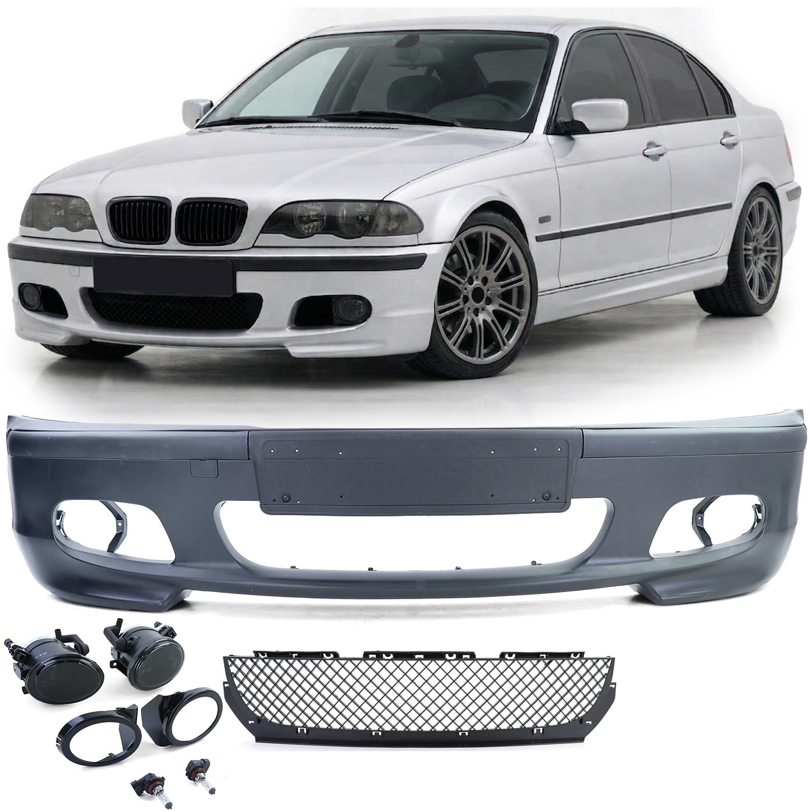 Sport Front Stoßstange + ABE + Nebelscheinwerfer Smoke für BMW E46 Limo Touring