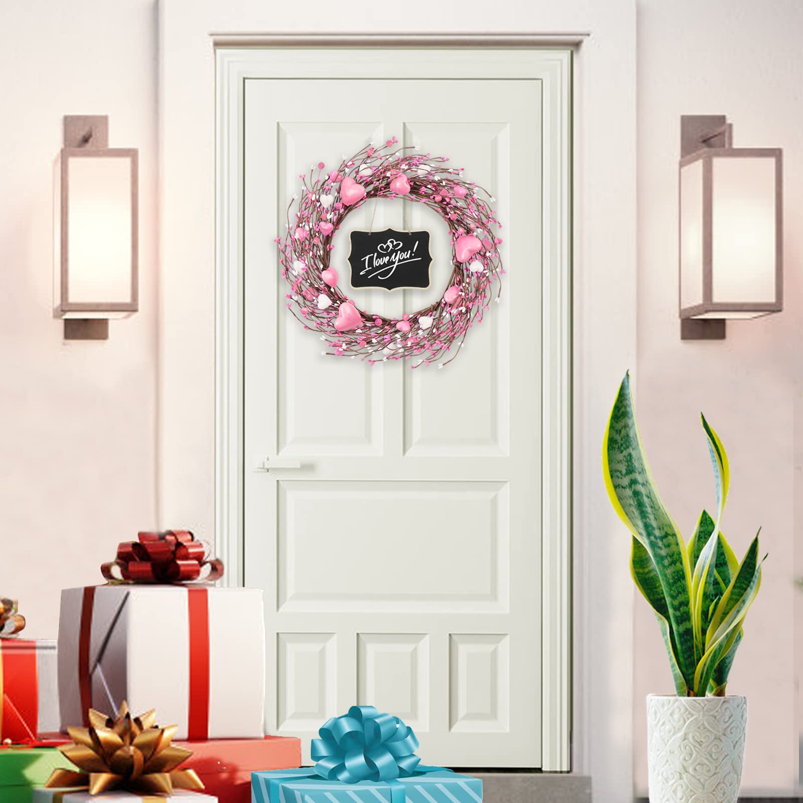 Valentines Day Wreath - 18'' Front Door Wreath, Heart Shaped Wreath Red Pip Berry Rustic Twig Wooden Sign Valentines Day Gifts Anniversary Wedding Home Office Wall Decorations (Pink)