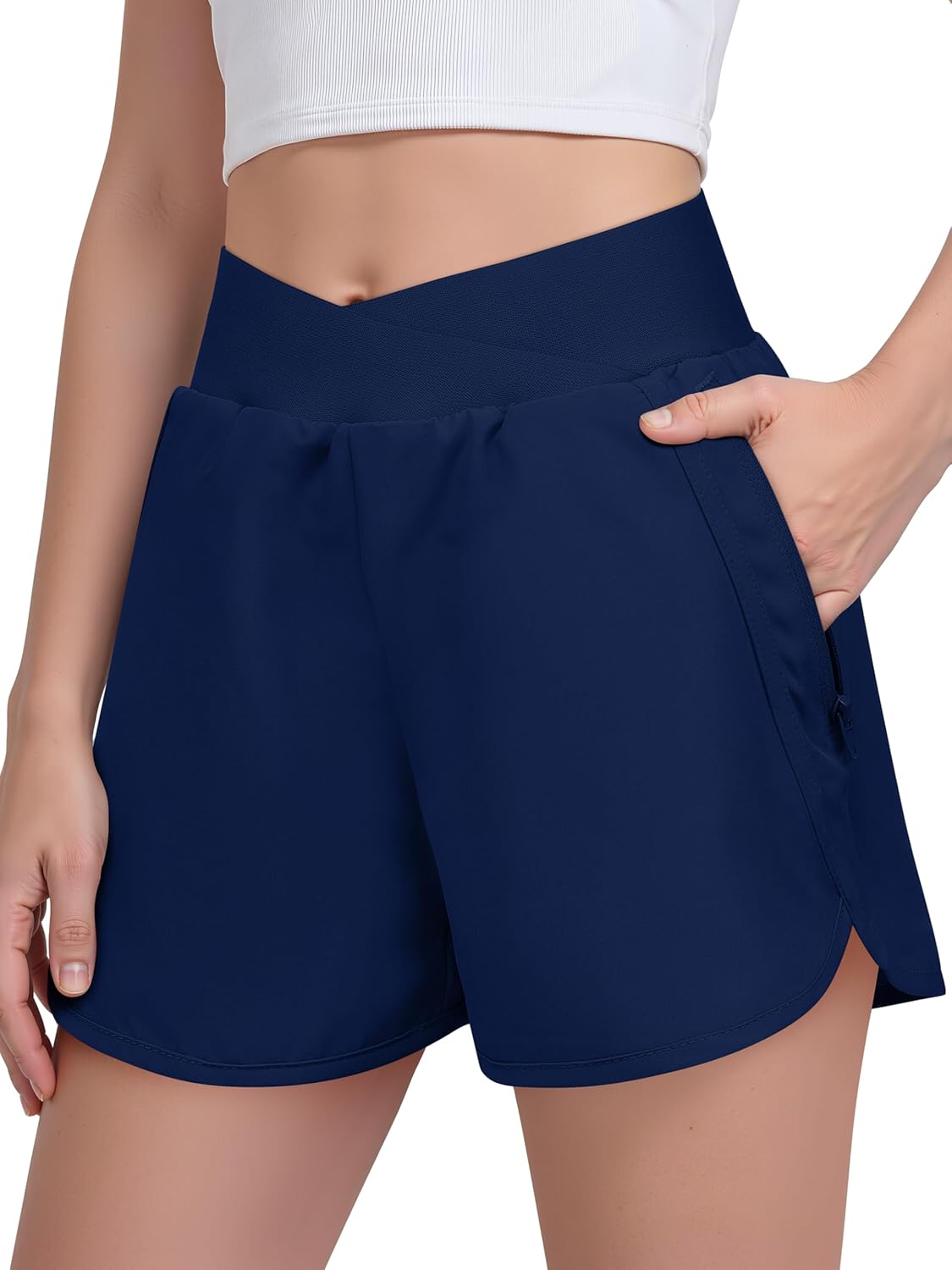 Resinta Girls Athletic Shorts Crossover High Waisted with Zipper Pockets Summer Running Sports Workout Shorts for Kids