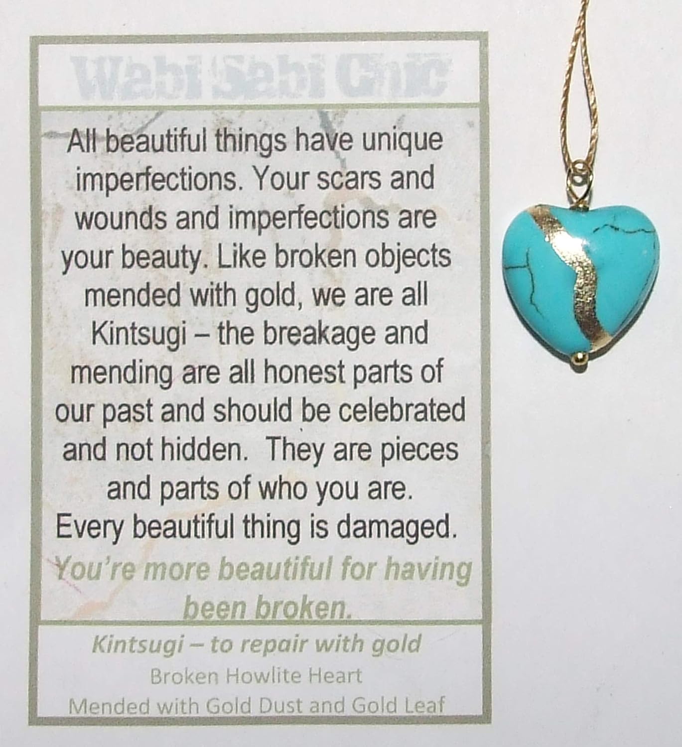 Kintsugi 18mm Smaller Turquoise Howlite Broken Heart Mended with 23 Karat Gold, Cord Necklace