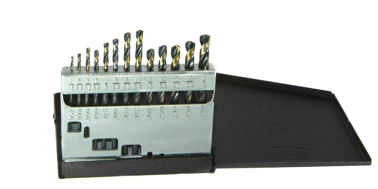 Drillco 350N Series Nitro 13 Piece High-Speed Steel Mechanics Length Drill Bit Set, Black and Gold Oxide Finish, Round with Flats Shank, Spiral Flute, 135 Degrees Split Point, 1/16" - 1/4" in 1/64" increments