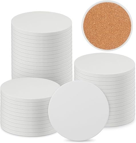 40 Pieces 4 Inch Round Blank Ceramic Coasters, Unglazed Ceramic Tiles Coasters, Ceramic Tiles with Cork Backing Pads for Painting, DIY Crafts,