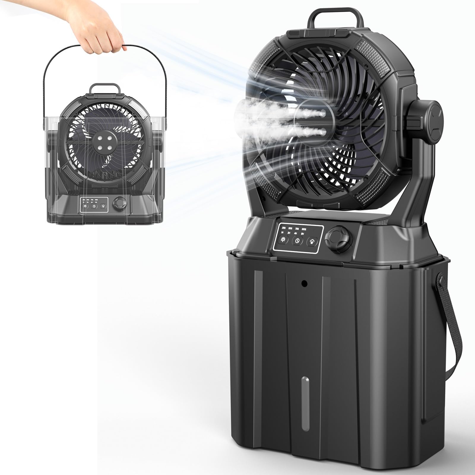 Misting Fan Portable Camping Fan 42800mAh Rechargeable with Remote Control, 3 LED Light & Stepless Speed Control & Cooling Spray with 6L Bucket, Timer Function, Portable Handle, Rotating Hanging Hook