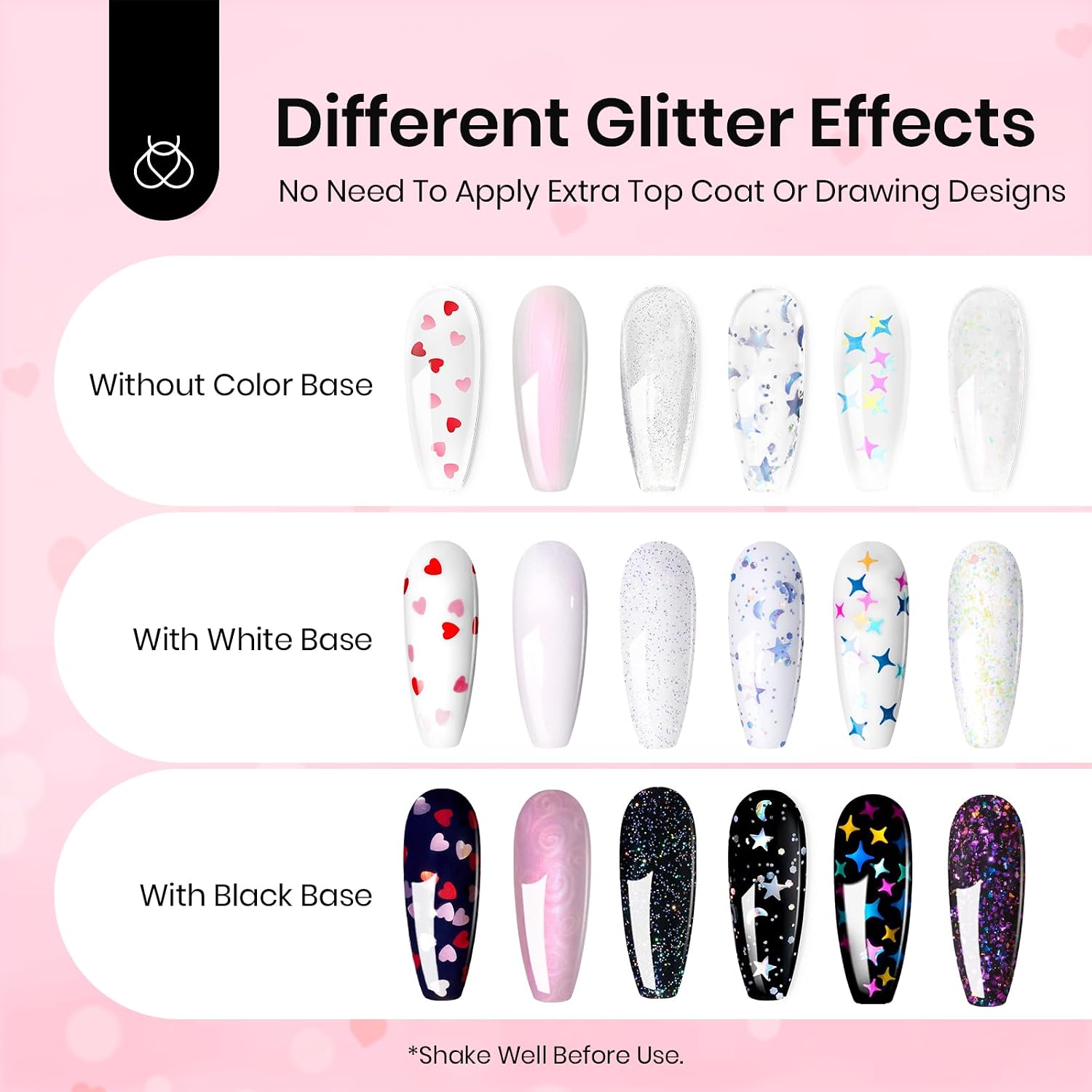beetles Gel Polish 6Pcs Heart Star Reflective Glitter Gel Top Coat Set, Clear Pink Color Pastel Nail Polish No Wipe Top Coat Long Lasting Highly Shine Soak Off Uv Gel Art