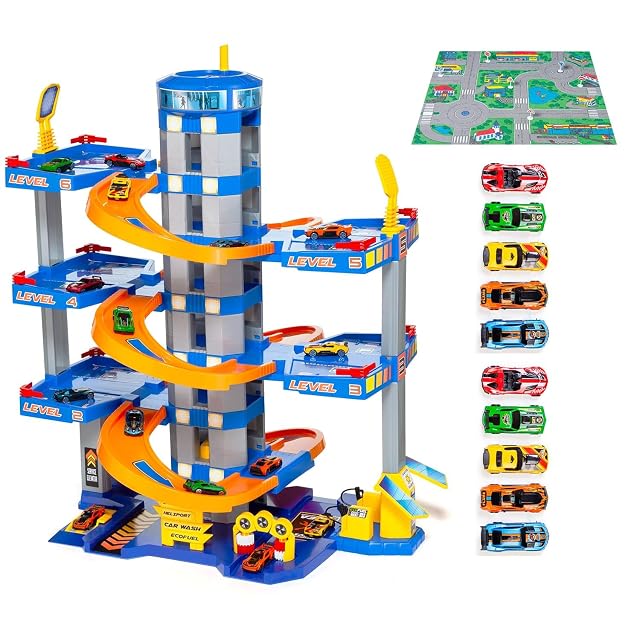 MOLTO - Parking de Juguete 6 Plantas Azul con 10 Coches y Tapiz de Juego