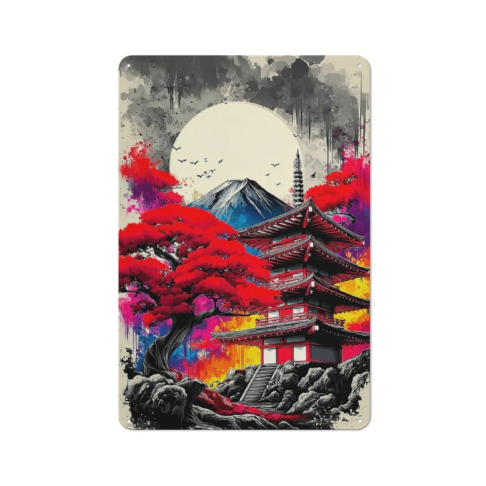 Junmoney Japanese Pagoda Under Full Moon Metal Wall Art Sign 30X20cm, Vintage Vintage Wall Decor For Lounge, Study, Pub Or Wall Gallery