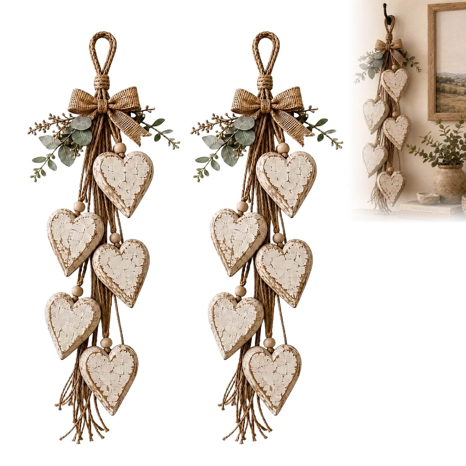 Decorazione da parete rustica a forma di cuore sospesa in legno (2pcs A)
