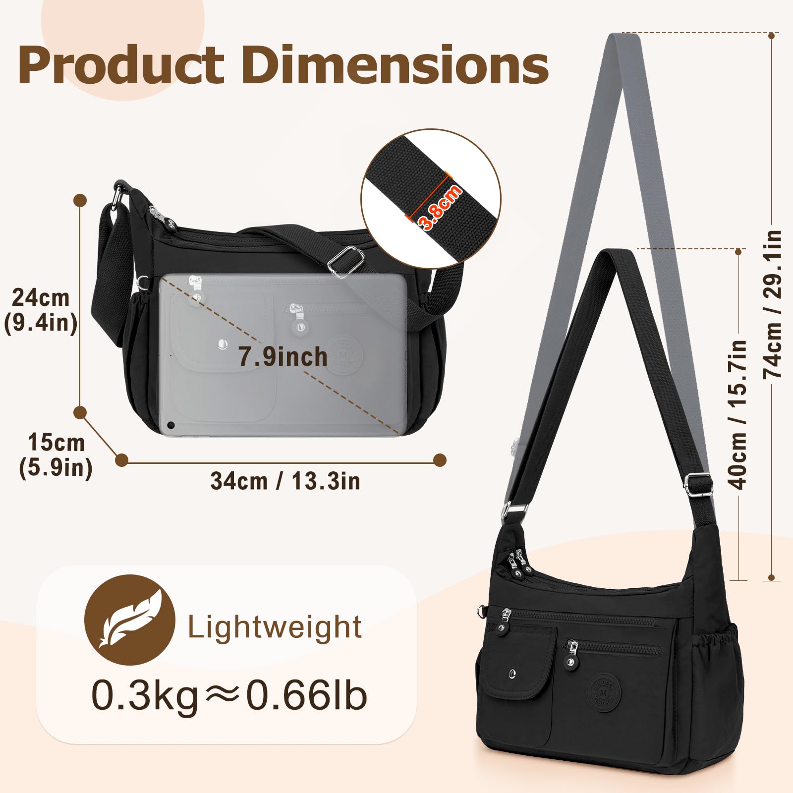 Bolso Bandolera Mujer Grande Nylon Bolso Cruzado Impermeable Bolsos Multibolsillos Crossbody Bag Mediano con Correa Ajustable Casual Bolsos de Mano para Escuela Viaje Trabaja
