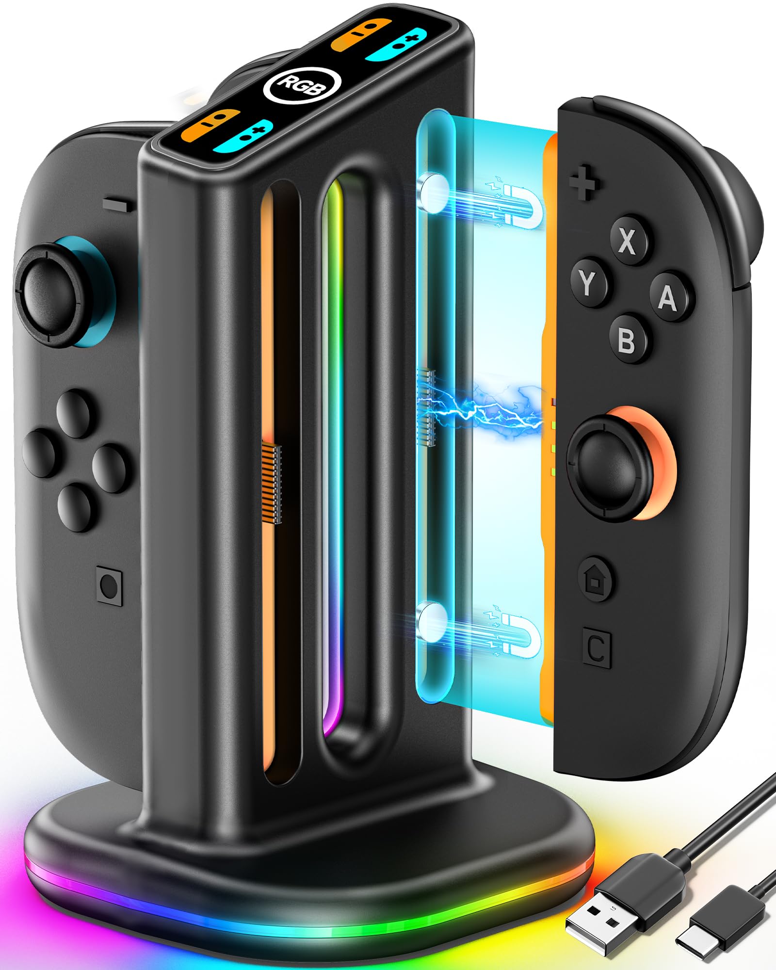 Chargeur Manette Switch 2 pour Joy-Con 2, Station de Charge Joycon 2 avec Effets RVB, Indicateurs de Charge Intelligents, Accessoires et Rangement (Non Compatible avec Manettes Switch Originales/OLED)
