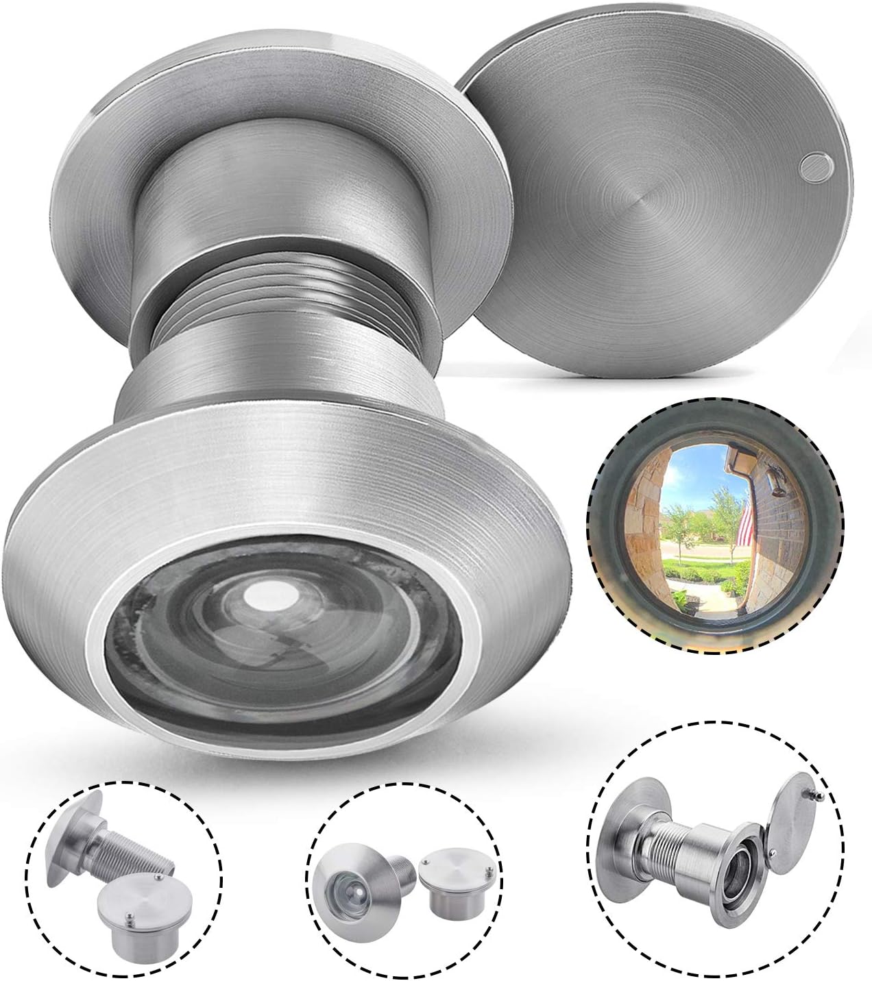 Earl Diamond - Solid Brass Door Peep Holes for Front Door, 220-Degree Door Viewer Peephole with Heavy Duty Rotating Privacy Peephole Cover for 1-21/32" to 2-1/8" Thick Door (Satin Nickel Finish)