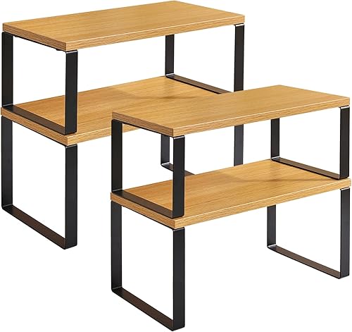 YMYNY UHSR002N-2 - Organizador de estantes de especias extensibles, juego de 4, estantes de encimera de cocina, apilables, de madera, organizador de