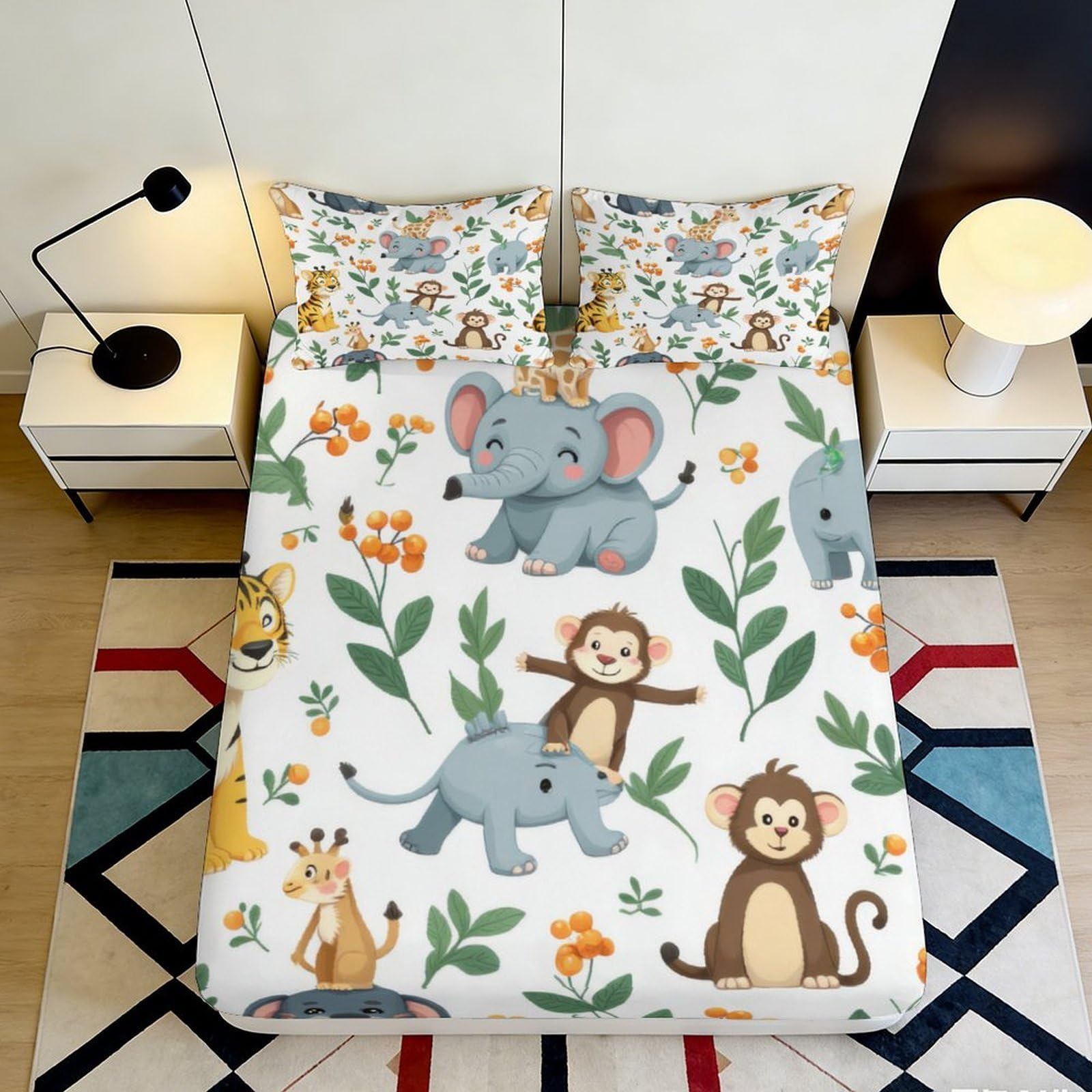 3D Printed Jungle Animal Fitted Sheet Microfiber Soft Breathable Safari Cartoon Mattress Cover for Bedroom Dorm Mattress Protection Decor 120x200x25cm