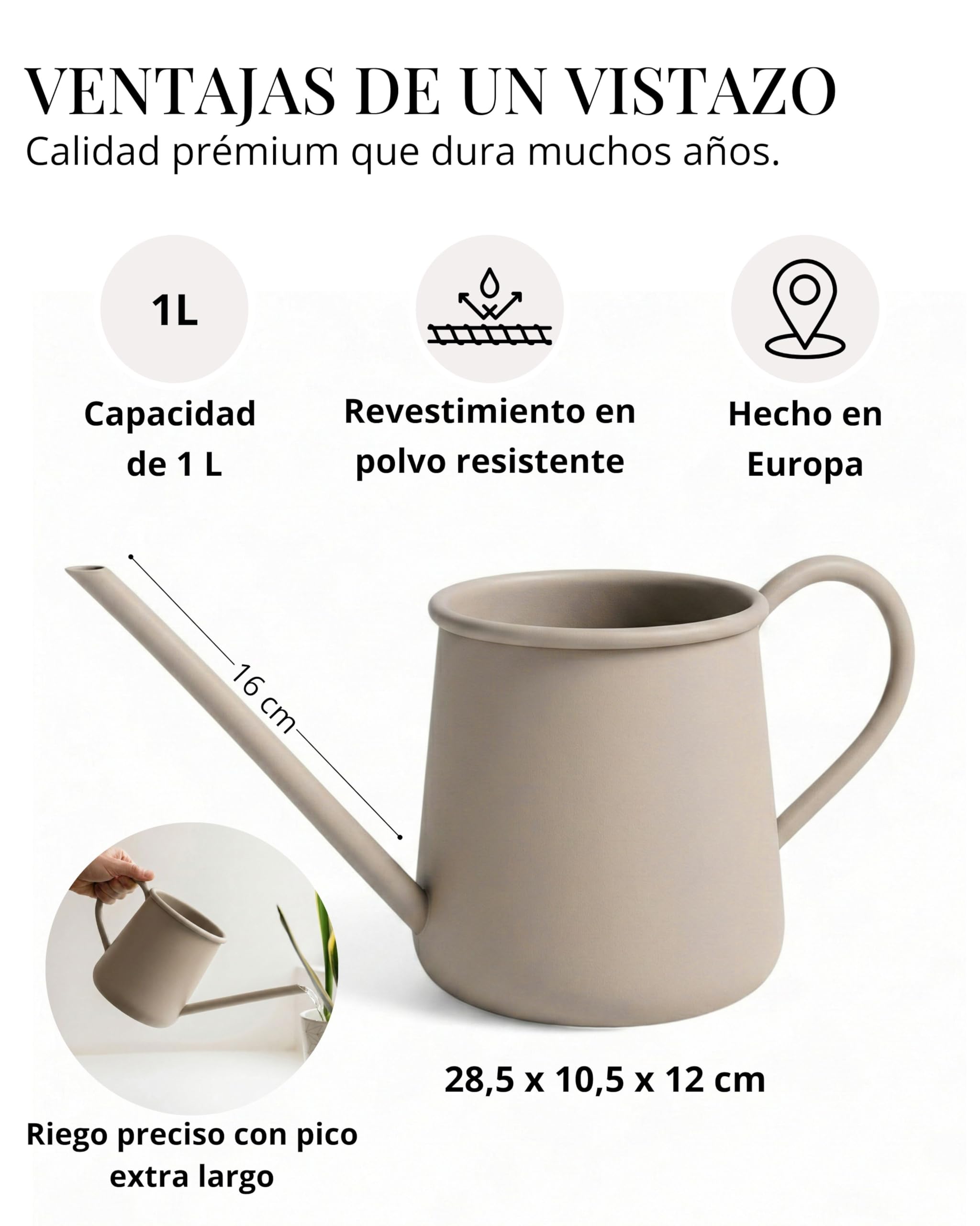 LIVLIG Regadera Pequeña 1 Litro – Metal con Pitorro Largo para Plantas Interior, Bonsai y Suculentas, Acabado Mate, Beige