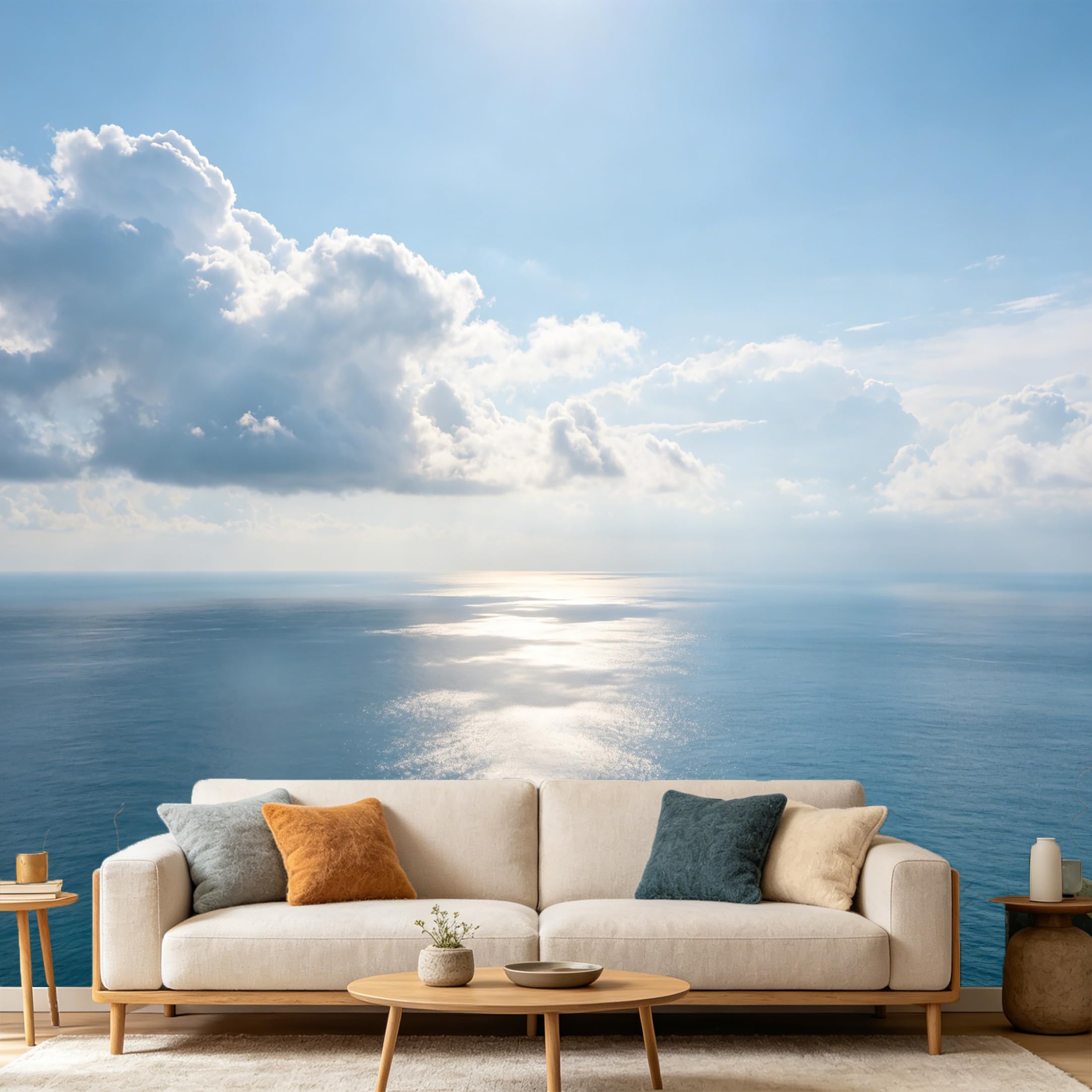 Custom Size Wall Mural， Blue Ocean Sea Clouds Horizon Landscape， SelfAdhesive Art Prints wall Fabric Removable Large Wallpaper Home Living Room Decor Modern Style
