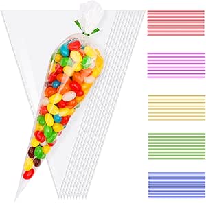 HLEC 100 Pcs Clear Cone Bags Sweets Cellophane Treat Bags for Baking, Candy, Cookie, Displaying, Wrapping, Halloween Triangle Goody Bags OPP Treat Bags Sweet Party Gift Bags (13x25)