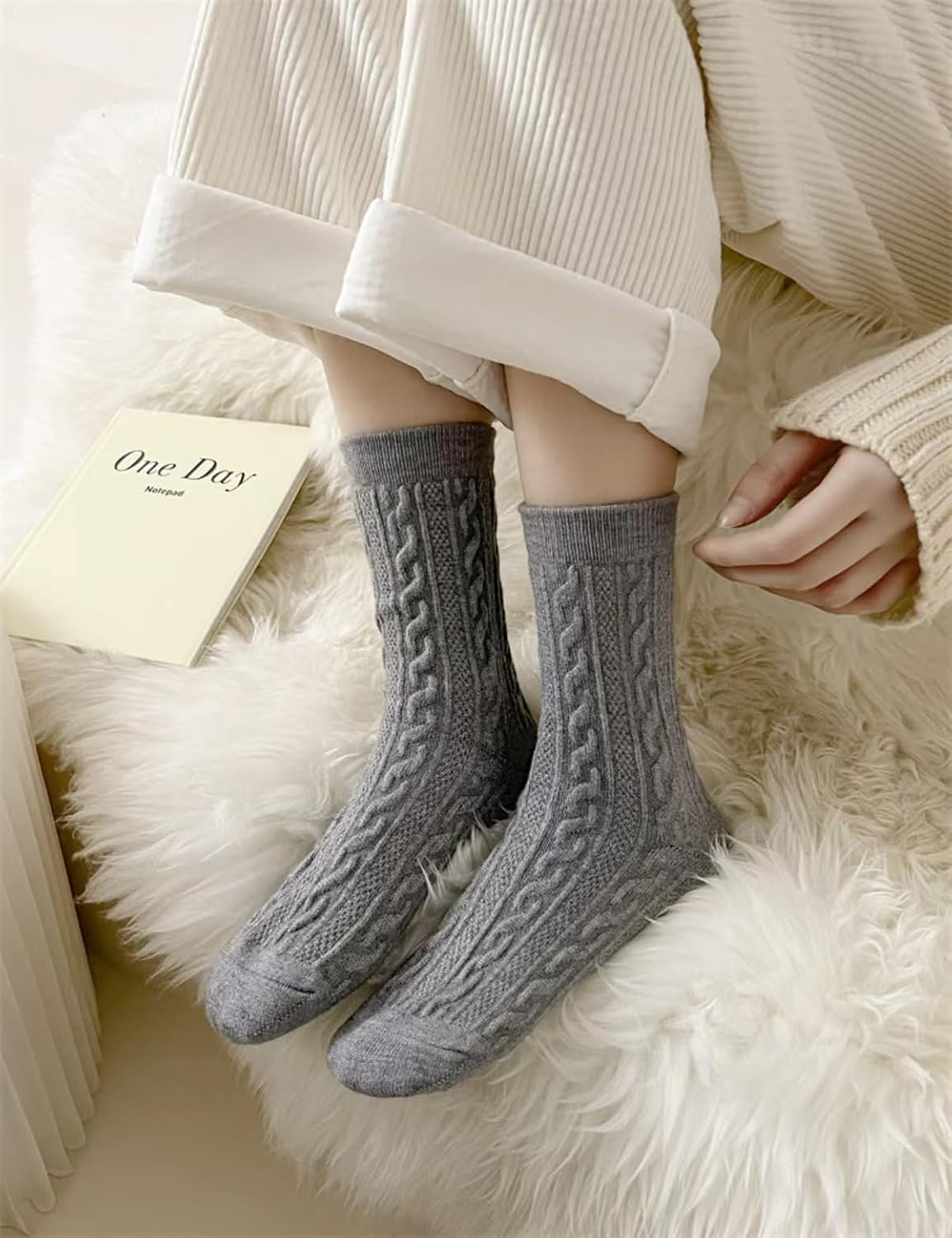 Women's Crew Boot Socks, Thermal Cable Knit Dress Socks, Retro Patterned Warm Mid Calf Sweater Sock for Winter - Image 2