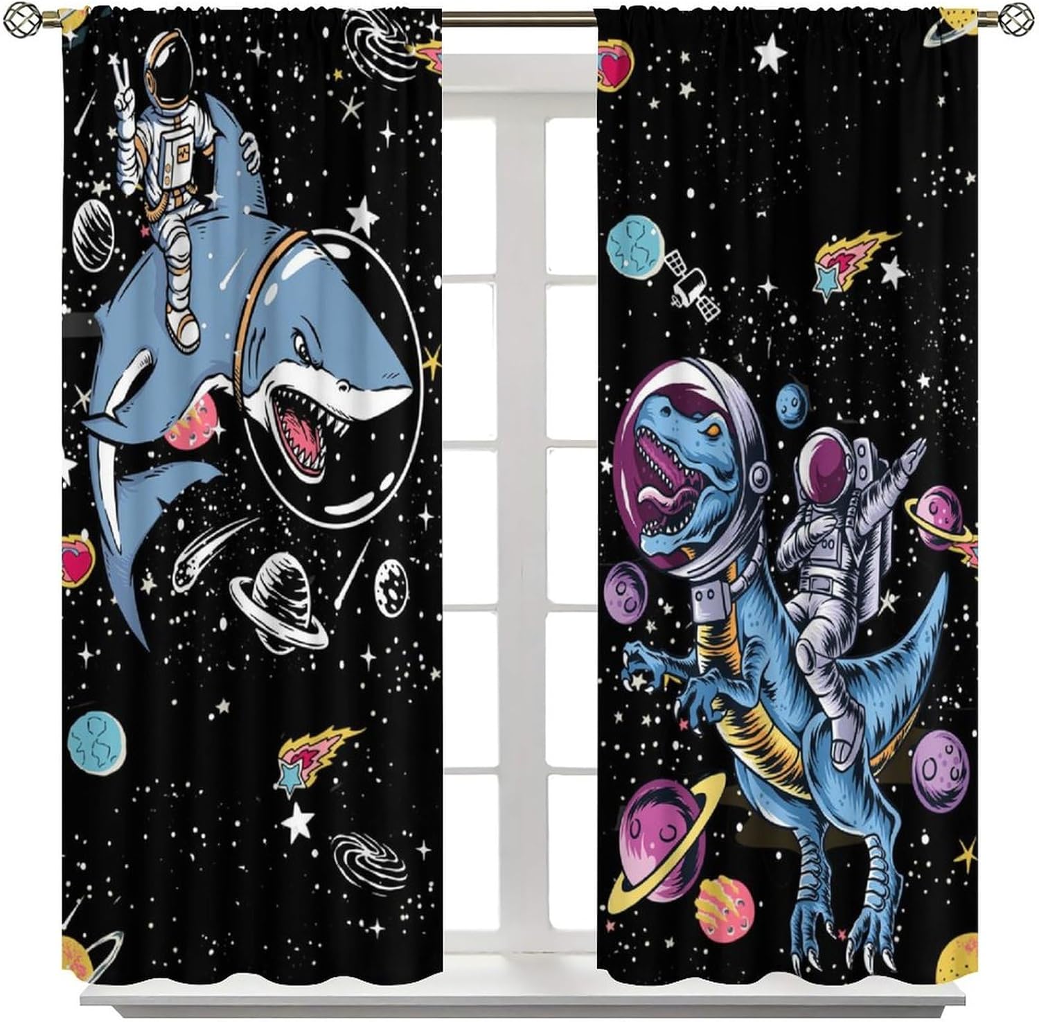 Funny Dinosaur Cool Astronaut Curtains,Cartoon Riding Shark Galaxy Outer Space Blackout Rod Pocket Window Treatments for Teen Kids Child Bedroom Living Restaurant Kitchen Drapes 42" W X 63" L