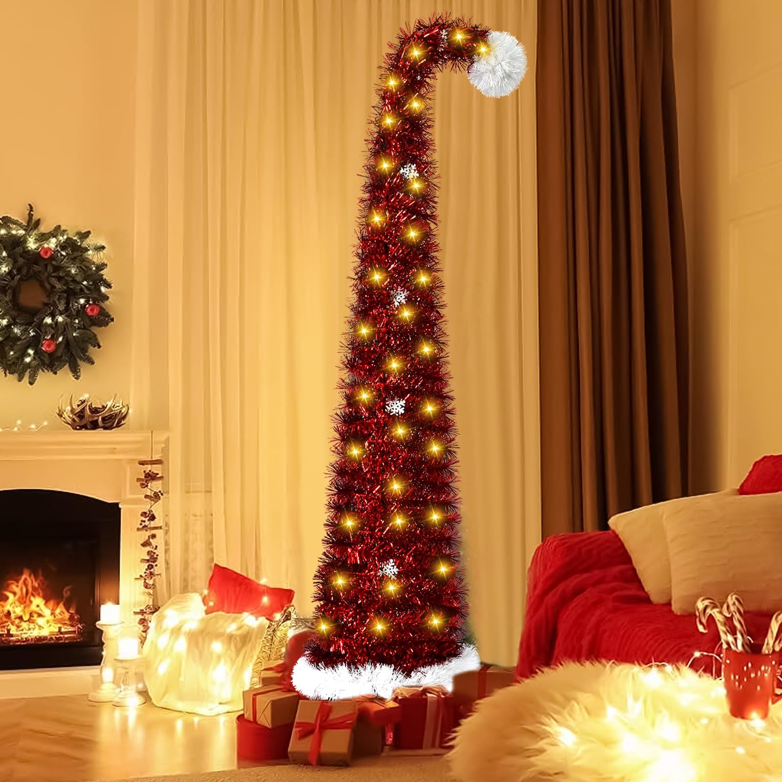 BigKing 150 cm Sapin de Noël Artificiel avec Support et Guirlande Lumineuse | Pliable Arbre de Noël artificiel - Décoration à paillettes - Parfait pour fête, salon ou bureau (bonnet de Père Noël rouge)