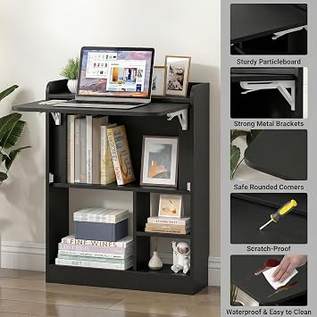 Wall Mounted Table Folding Desk,Drop Leaf Floating Table with 4 Open Storage Shelves,Space Saving Laptop Computer Desk,Home Office Desk Workstation for Small Space Study Kitchen (Black)
