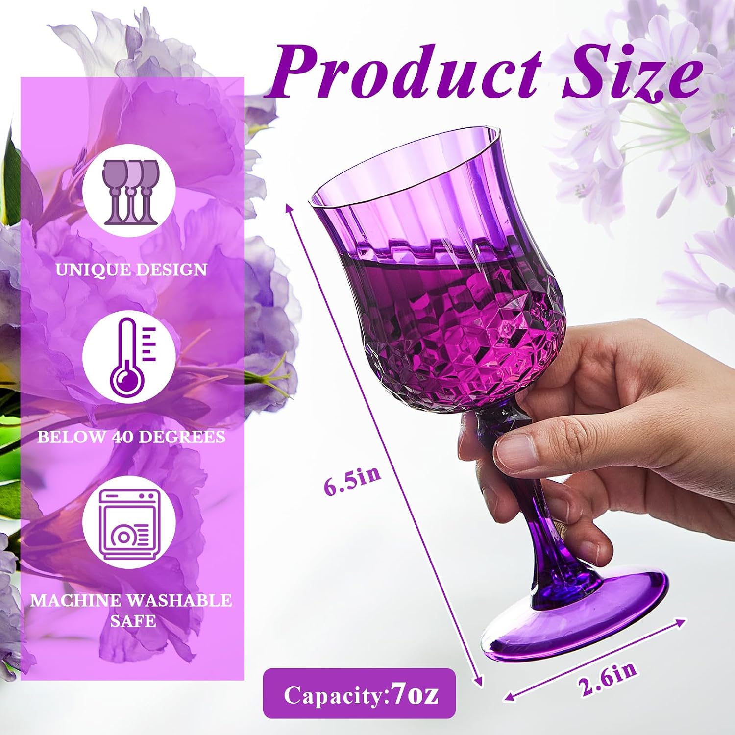 Pinkunn 24 Pcs 7 oz Plastic Vintage Wine Glasses Reusable Colored Goblets Patterned Drinking Water Glasses Cup Dishwasher Safe for Mother's Day Wedding Reception Party Supplies (Purple)