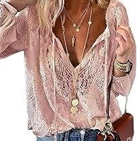 Pinclodly Women's Long Sleeve Lace Tie Front V Neck Blouse - Floral Crochet Hollow Out Boho Western Shirt