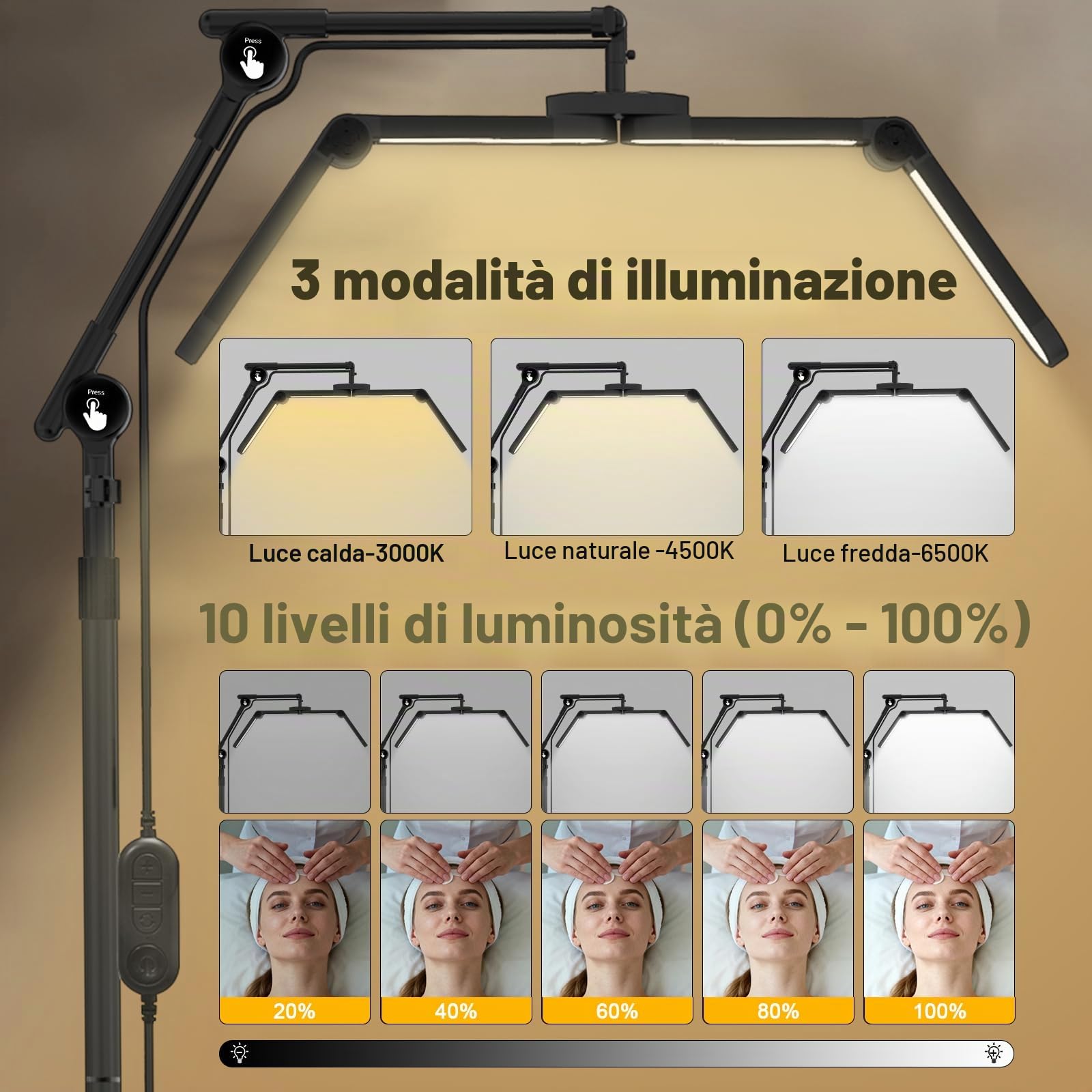 CGBE Lampada Extension Ciglia da Terra: Ultra-Larga Pieghevole Lampada Ciglia con Testa Rotabile a 360° - Base Mobile - Altezza Regolabili - Luce Estetista con Porta Cellulare per Ciglia/Tatuaggi