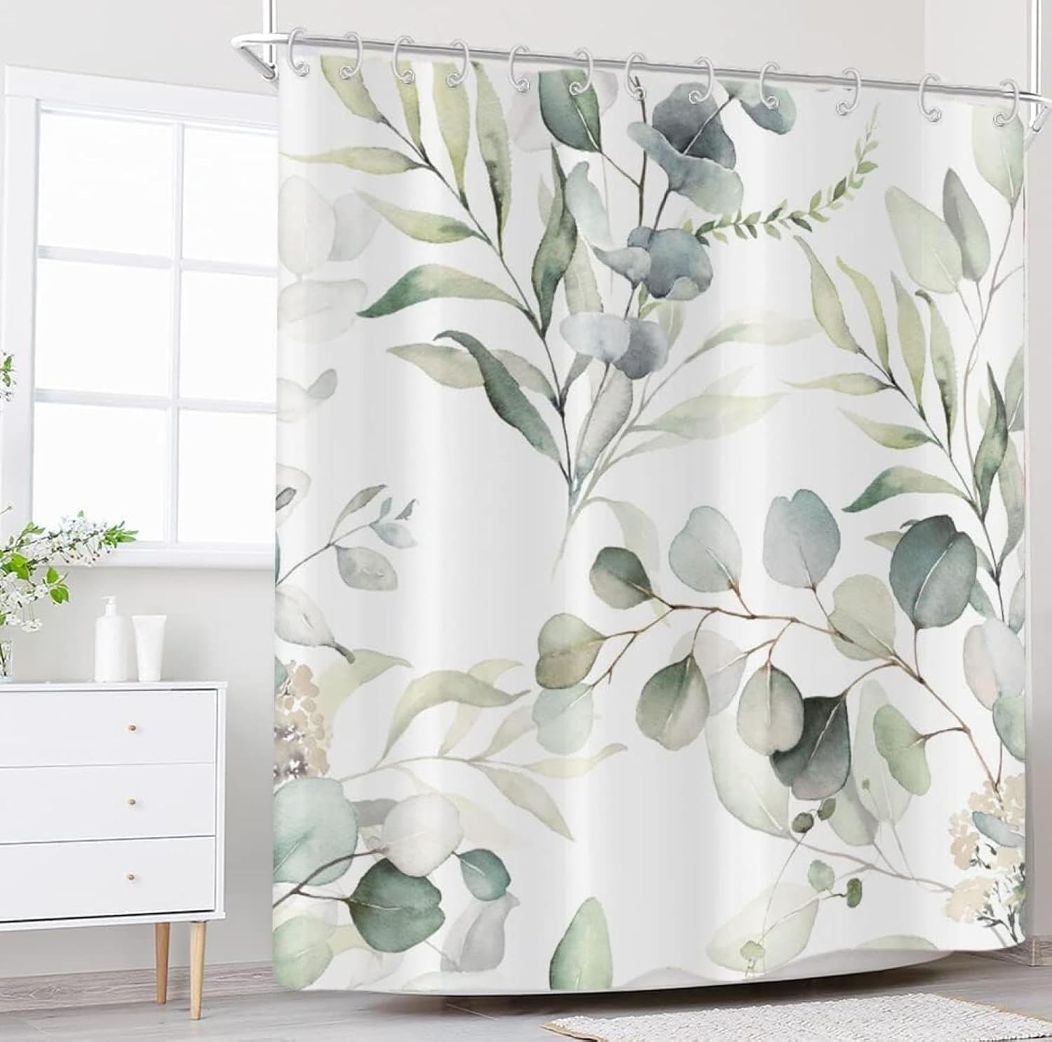 Eucalyptus Leaves Shower Curtains 72x84in（183x214cm） Modern Green Spring Botanical Watercolor Plants Fabric Bathroom Curtain for Shower Stall Bathtub Aesthetics Chic Elegant Home Decor