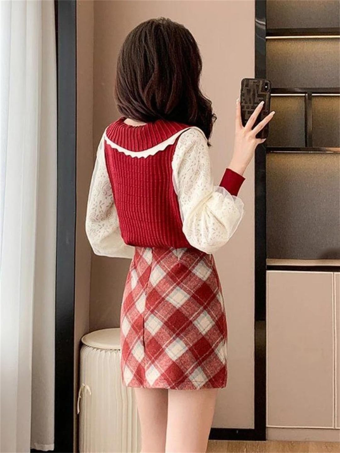 Women's Fashion Turn Down Collar Long Sleeve Single Breasted Splicing Shirt And Plaid Above Knee Zipper Lace Button Skirt
