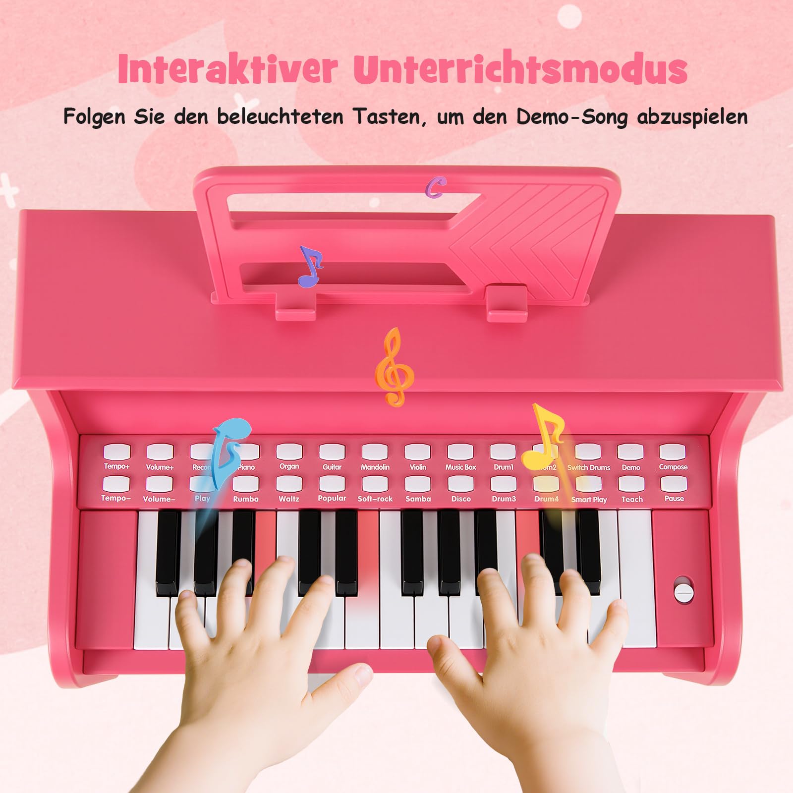 COSTWAY 25-Tasten Keyboard Kinder, elektronisches Kinderklavier mit Hocker, verstellbarem Mikrofon & Notenständer & Lehrmodus , Kinderpiano Klaviertastatur für Kinder ab 3 Jahren (Rosa)