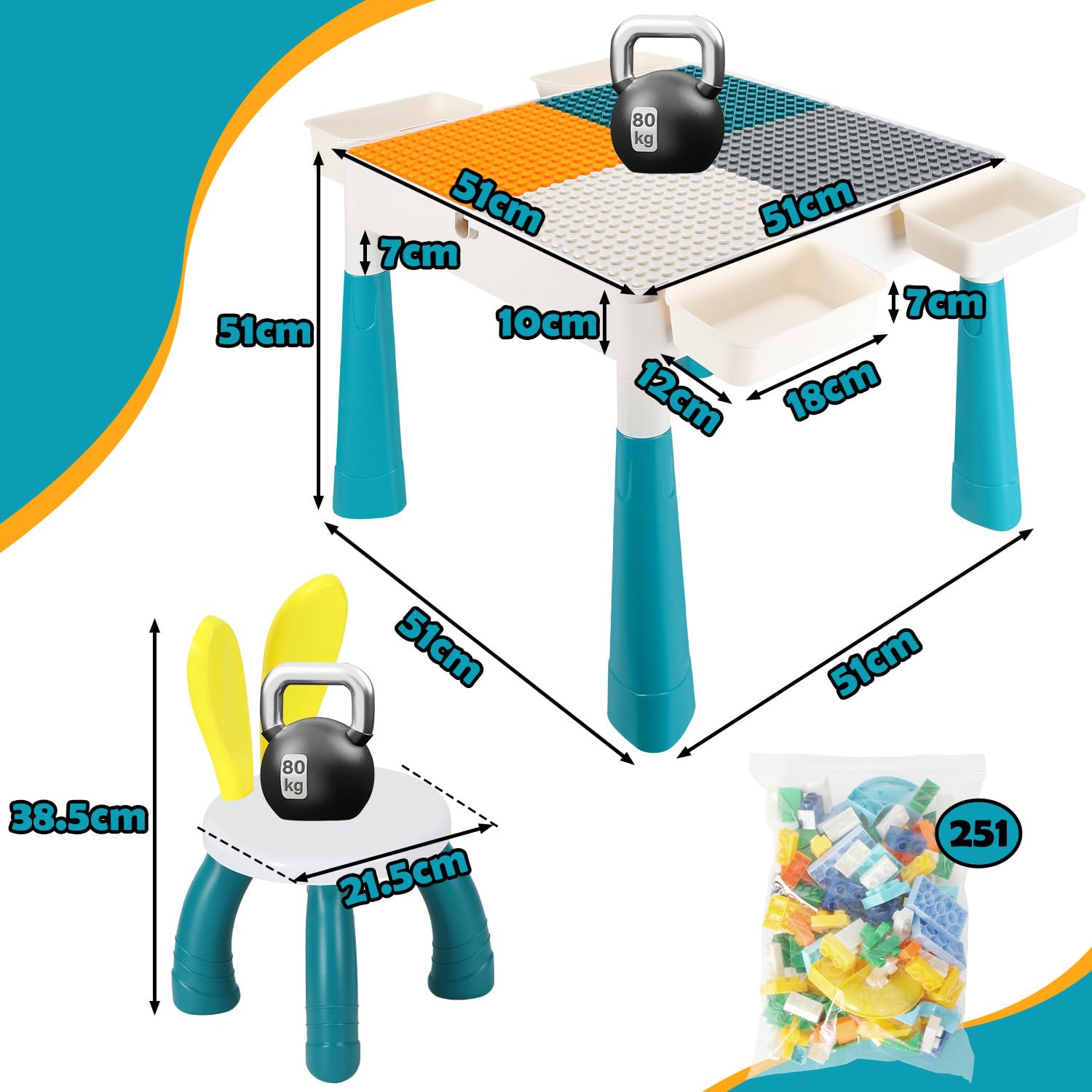 Kindertisch mit 2 Stühlen, Bausteintisch 2-in-1 mit Wendplatte, höhenverstellbar 44/51 cm, Spieltisch mit 4 Boxen und Innenfach, 251 Bausteine, Bastel- und Lerntisch, Weiß/Türkis