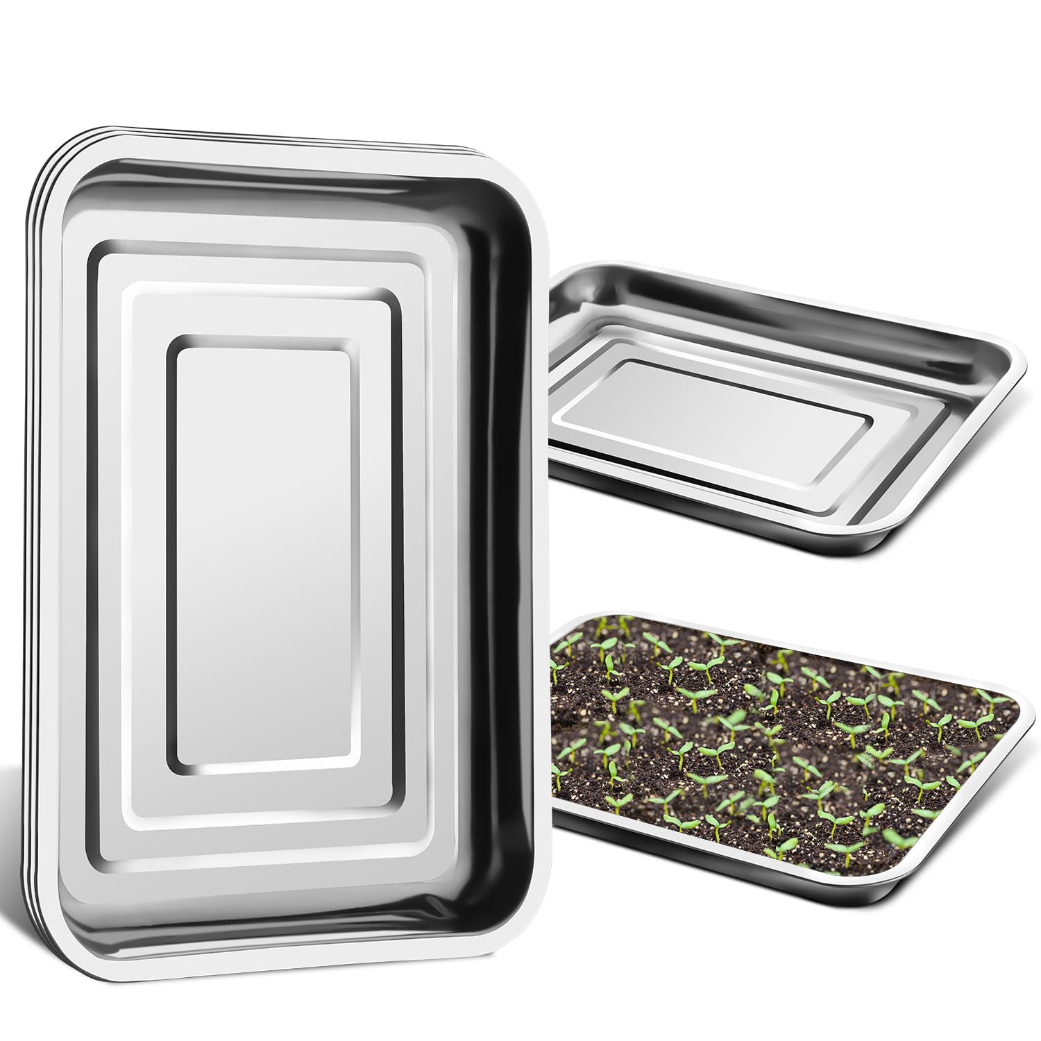 RooTrimmer Lot de 5 plateaux en métal inoxydable pour démarrage de graines de pépinière, pots de semis, collecte d'eau (34 x 44 cm, hauteur 3 cm)