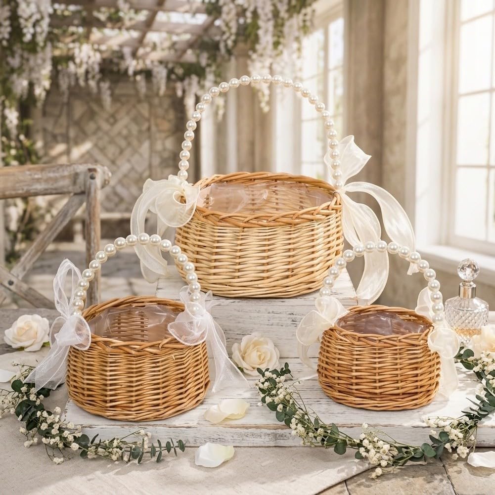 Cestini rustici fatti a mano in vimini per damigelle di fiori, in vimini ramoscello di salice, per matrimoni, corridoi per bambini, decorazioni per baby shower e feste in giardino, confezione da 2