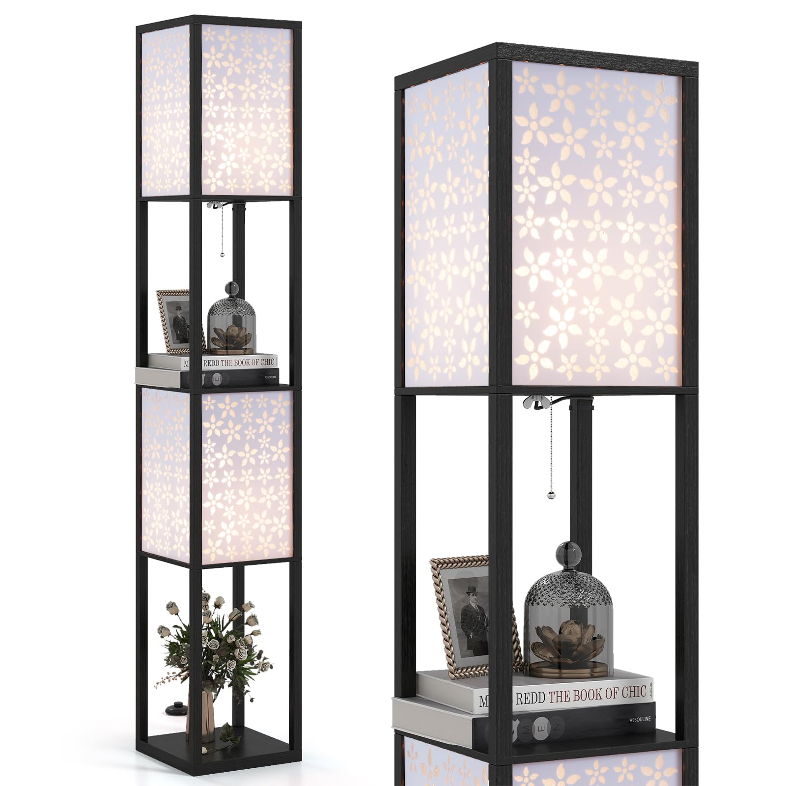 TANGZON Floor Lamp with Shelves, 2/3 Layers Wooden Shelf Tall Standing Light with E27 Holders & Lampshades, Corner Standard Lamp for Living Room Bedroom (2 Shelves, 2 Floral Pattern Acrylic Shades)