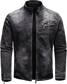 Maiyifu-GJ Mens Fleece Lined Denim Jacket Stand Collar Distressed Biker Jean Jacket Slim Fit Zipper Warm Moto Trucker Coat Black,X-Large