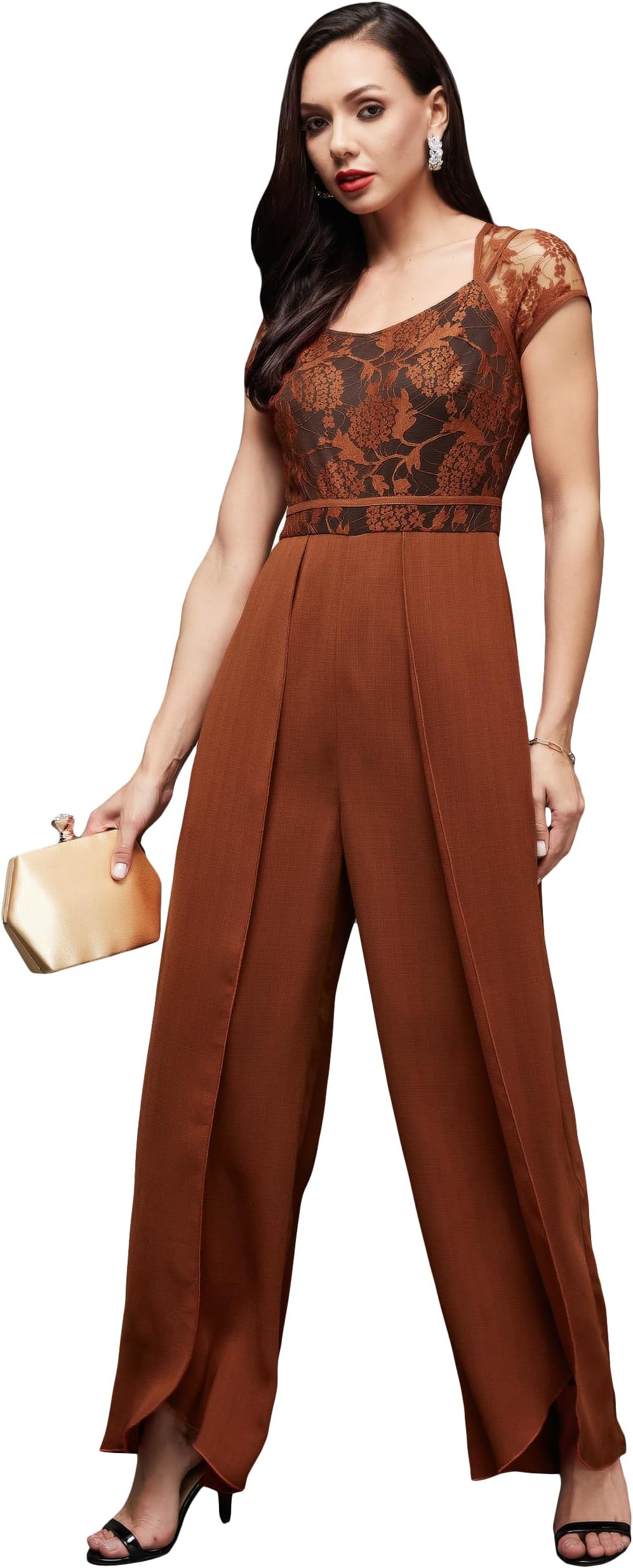 Miss ChaseWomen's Sweetheart Neck Raglan Sleeve Floral Lace Overlaid Crepe Regular Length Jumpsuit