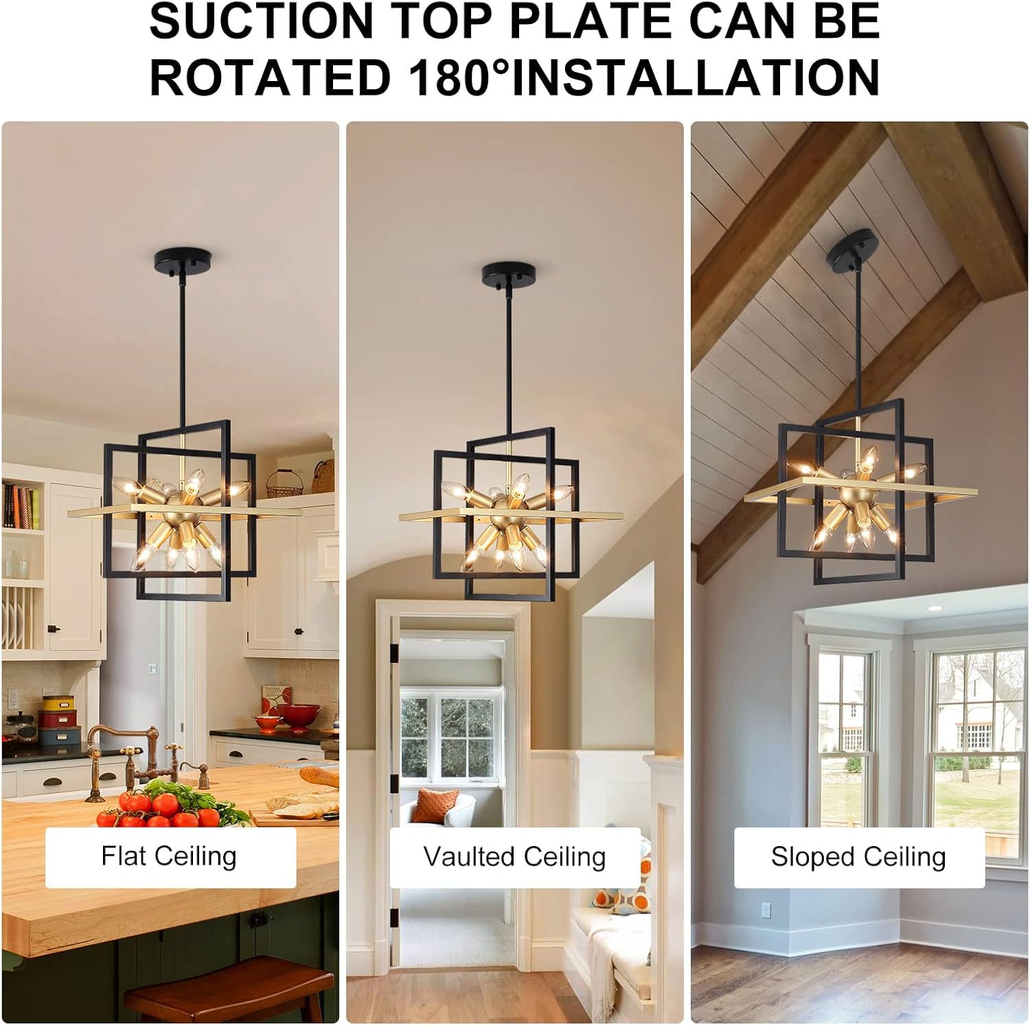 Black and Gold Chandelier, 8-Light Modern Geometric Pendant Light Fixture, Industrial Adjustable Hanging Sputnik Chandeliers for Dining Room Kitchen Island Hallway Foyer Entryway