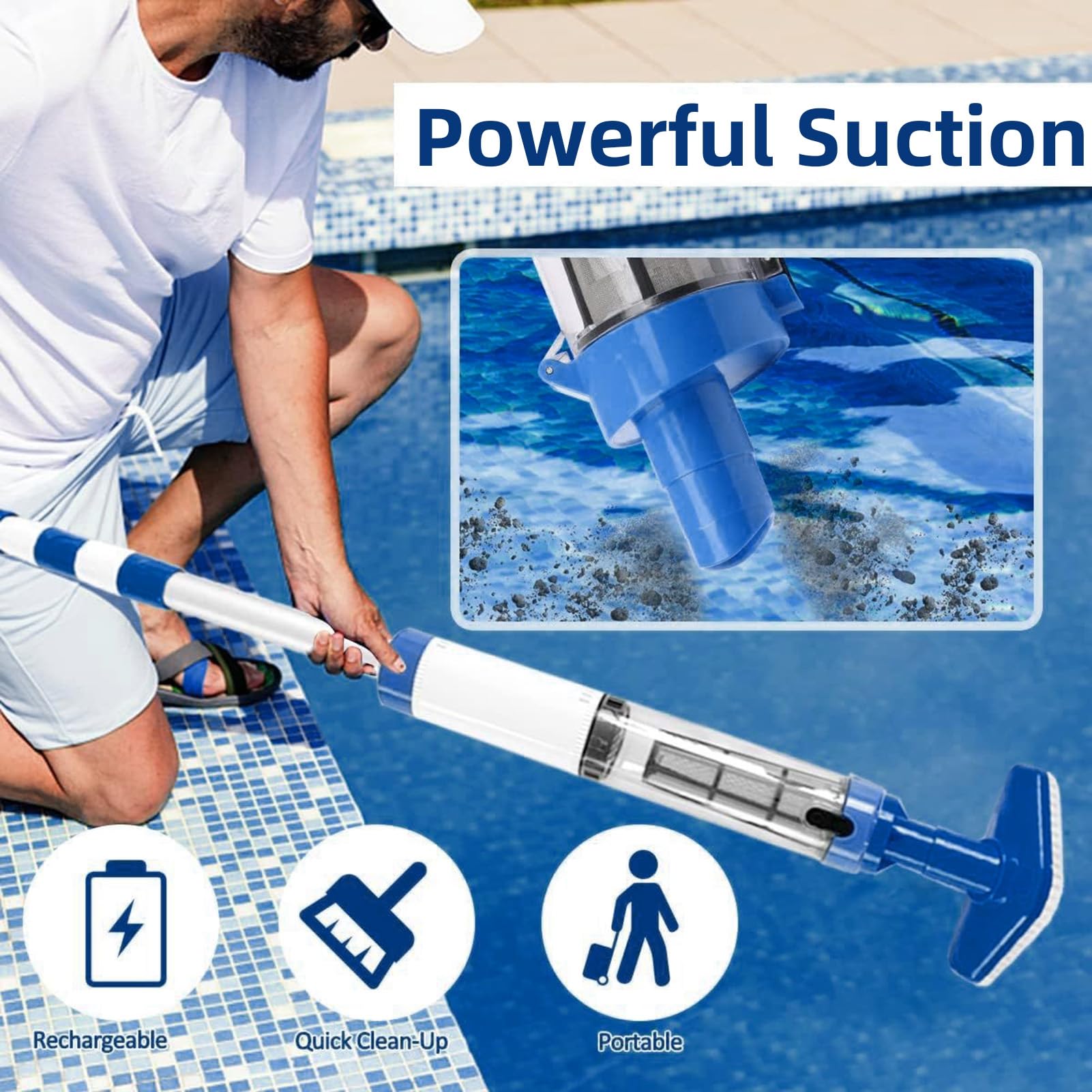 Pool Vakuum für den OberIrdischen Pool, 3 in 1 Kabellos Wiederaufladbare Pool Vakuum, piscina portatile und 3 Austauschbare Bürstenköpfe, Für Spas, Whirlpools und Kleine Pools Blu