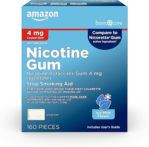 Tienda Basic Care - Goma de mascar con recubrimiento, de nicotina polacrilex (4 mg de nicotina), ayuda para dejar de fumar, 160 unidades, sabor