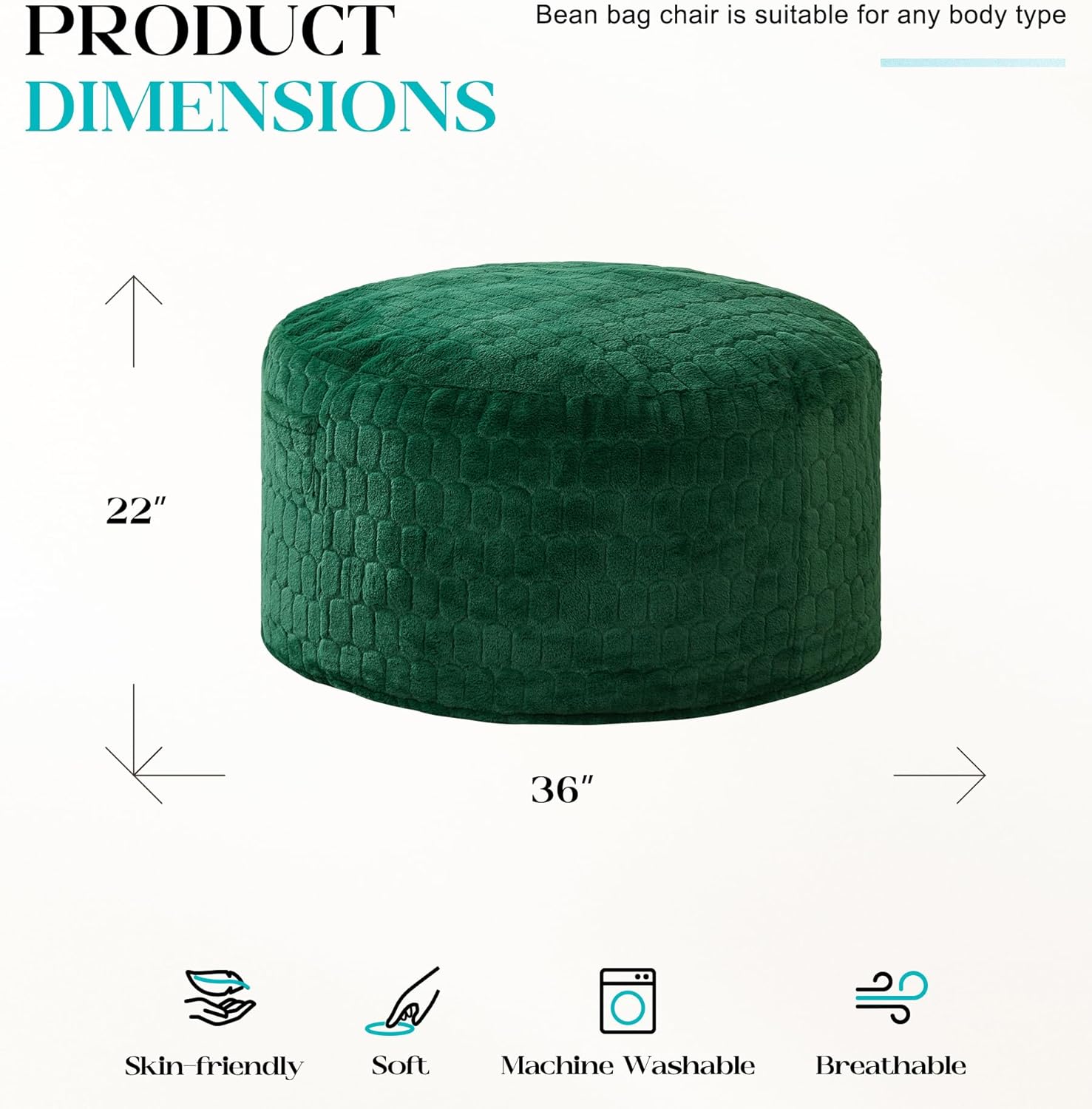 Hobestluk Bean Bag Chairs Adult Bean Bags with Fluffy Cover Large Beanbag Chair with Filler Giant Bean Bag Chairs for Adults for Living Room, Bedroom (Green, 3FT - 36” x 36” x 22”)
