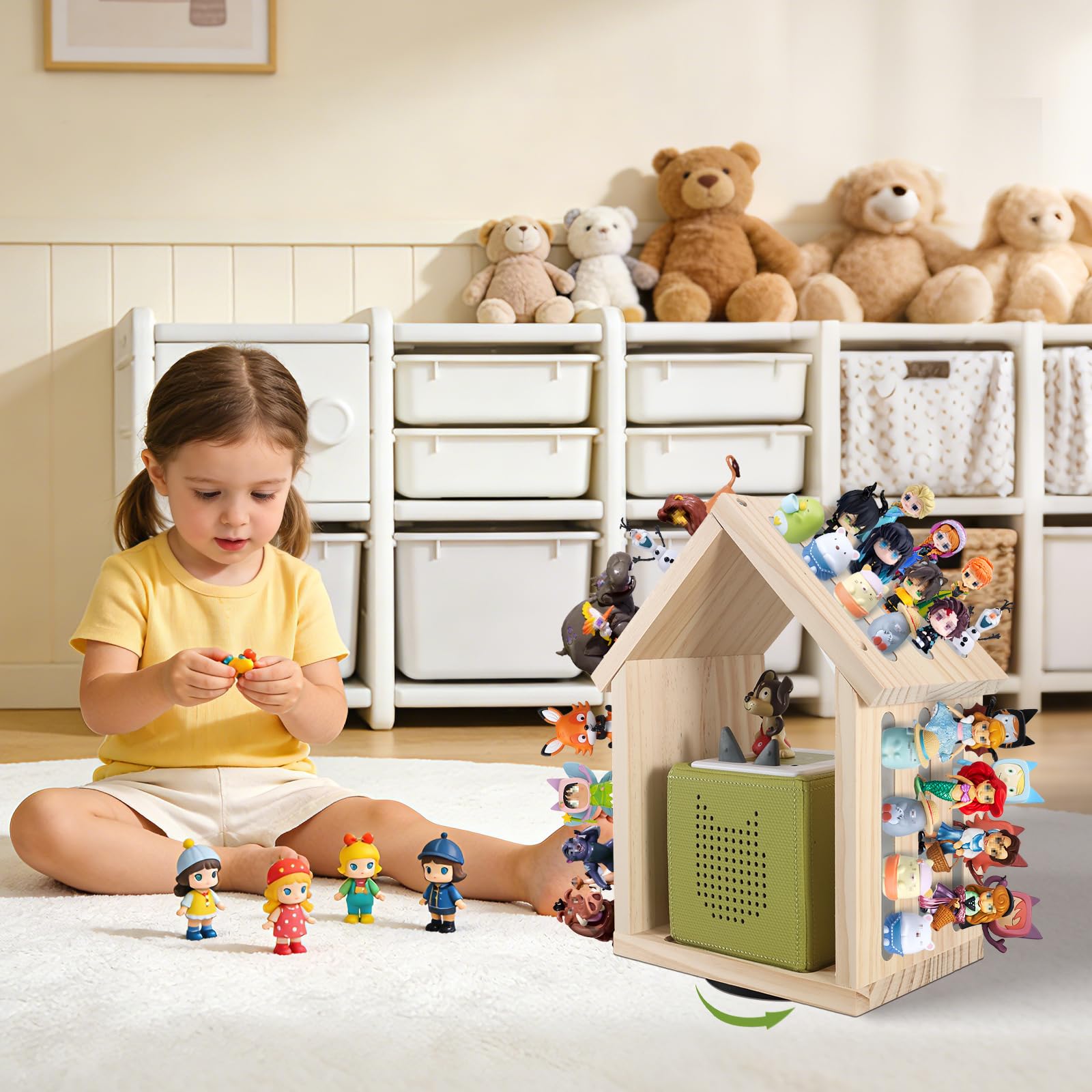 Givilio SpinLodge Holztonie-Regal für Toniebox 1 & 2, magnetische Wandhalterung mit 360° drehbarer Basis, Platz für 30-50 Figuren, hausförmiger kreativer Stauraum für Kinderzimmer