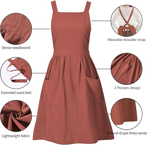 Miniatura 5 de Pinknoke Delantal de lino de algodón para mujer, con bolsillos, delantales de chef artístico, para cocina, hornear, jardinería, pintura