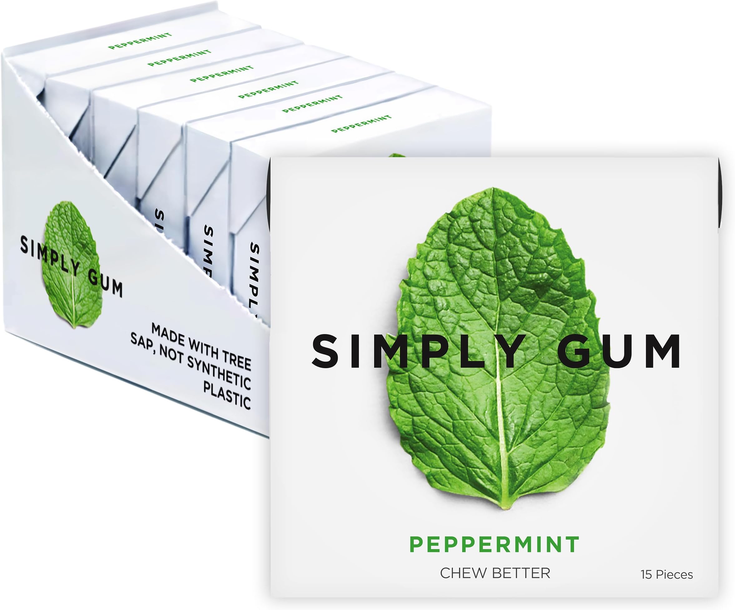 Peppermint, Plastic-Free Natural Chewing Gum, 6 Pack (90 Pieces) | Vegan, Kosher, Non GMO, Aspartame Free and Sorbitol Free