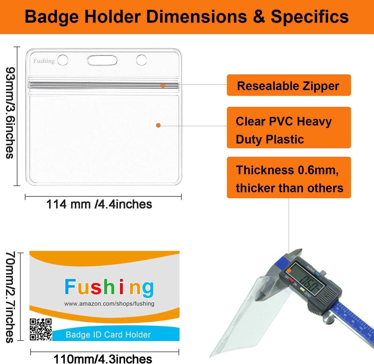 Fushing Pack of 50 Clear Plastic Horizontal Badge Holders, Name Tag Holders, Card Holders