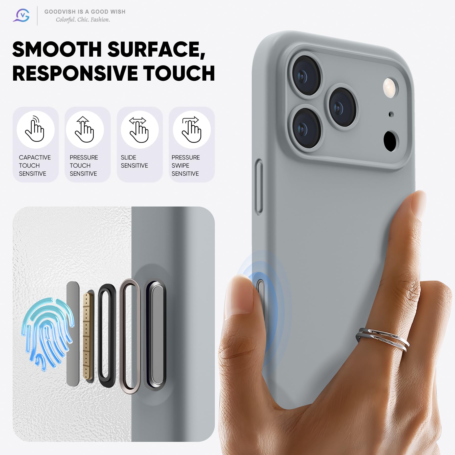 GOODVISH Silicone Cover per iPhone 17 Pro 6.3", Custodia con 2x Vetro Temperato [Pulsante Controllo Fotocamera] 360° Protezione Anticaduta Case per Cellulare Antiurto Resistente, Grigio Acciaio