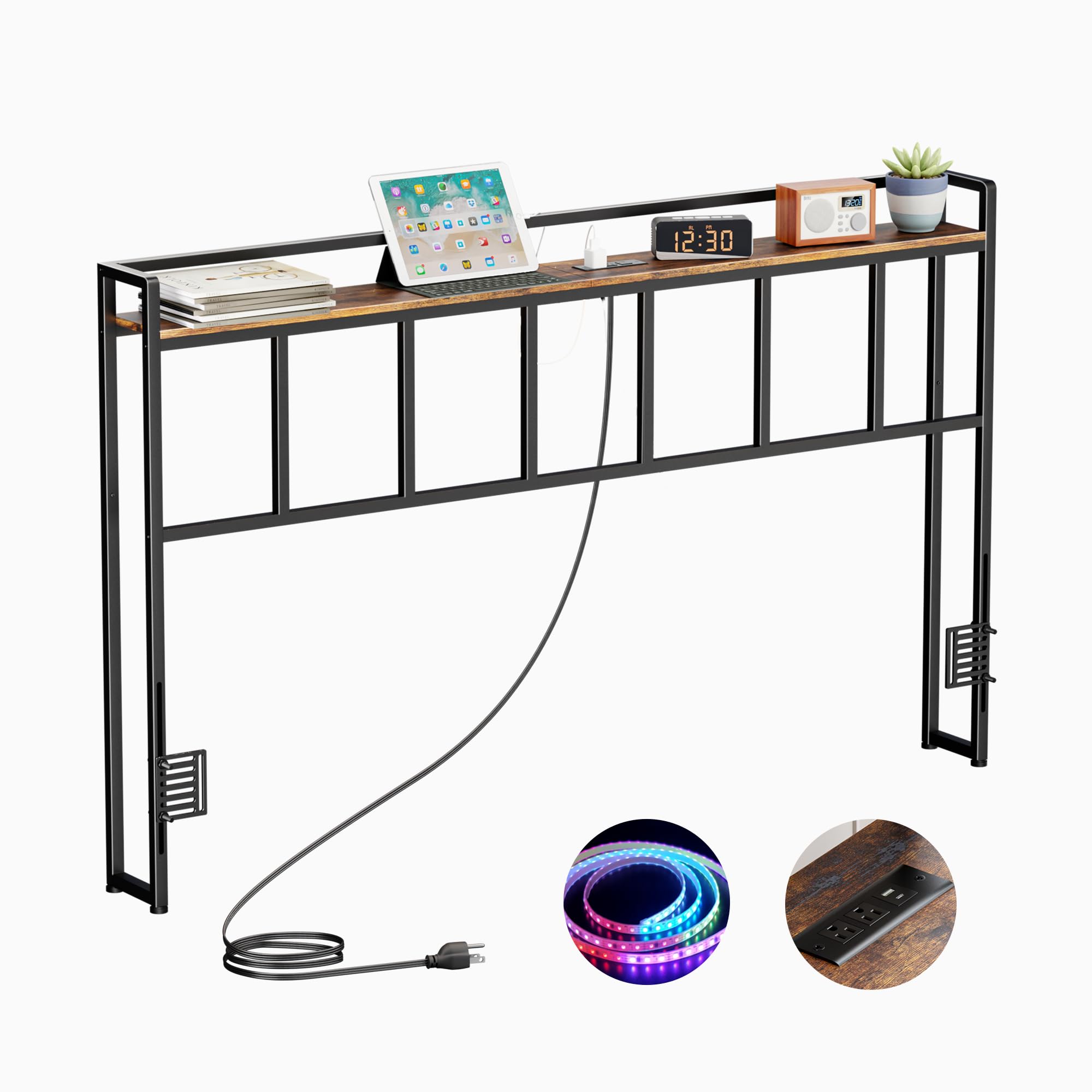 Headboard Queen Size, Headboards with LED Light, Outlets and USB Ports, Head Board with Storage Rack, Sturdy and Stable Headboard for Queen Size Bed, Adjustable Height, Rustic Brown