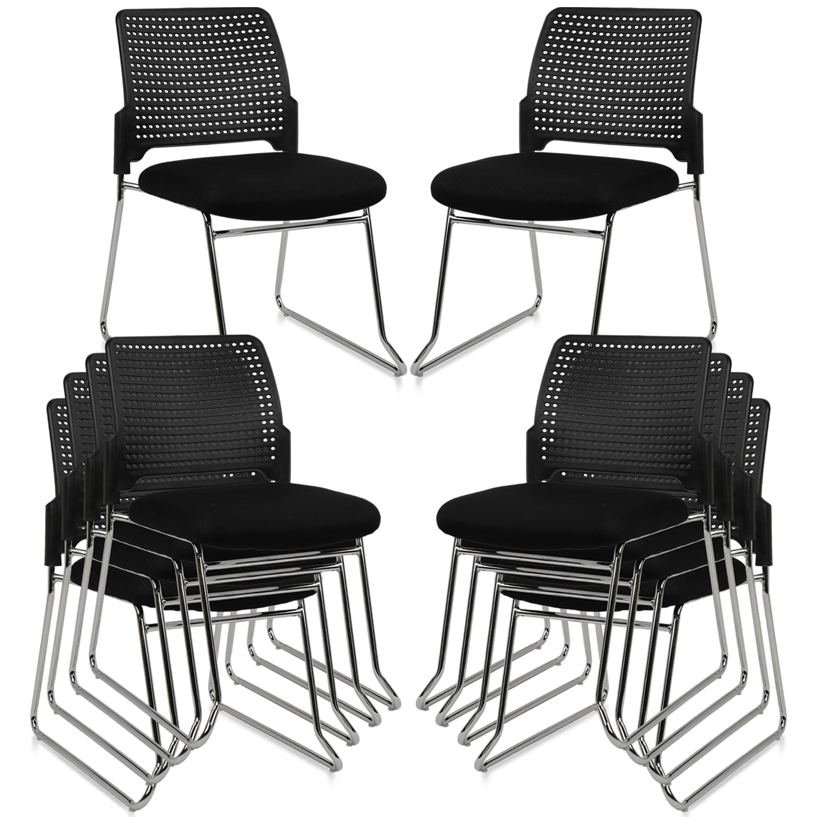 CLATINA Stacking Chair Set of 8, Office Waiting Reception Stackable Armless Chairs with Padded Seat Sled Base, Plastic Desk Chair No Wheels for Conference Lobby Break Room Guest Training, Black