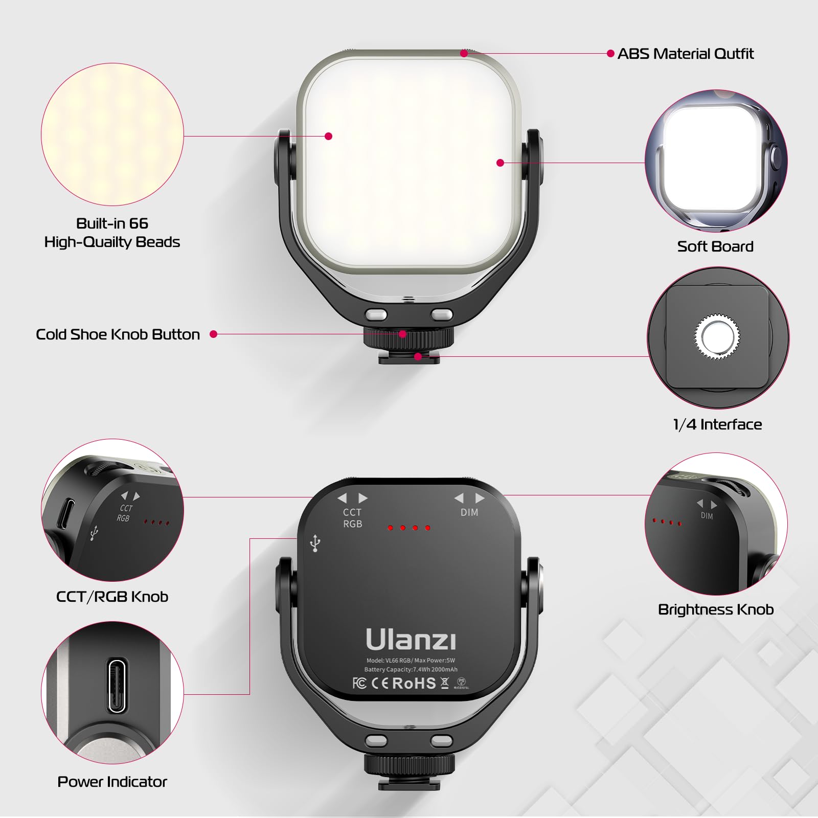 Ulanzi VIJIM VL66 Bi-Color Mini LED-lamp draaibaar voor smartphone en camera met instelbare kleurtemperatuur 2500K-6500K en 2000mAh batterij USB-C Soft Light verlichting videolicht Ulanzi VIJIM VL66 Bi-Color Mini LED-lamp draaibaar voor smartphone en camera met instelbare kleurtemperatuur 2500K-6500K en 2000mAh batterij USB-C Soft Light verlichting videolicht