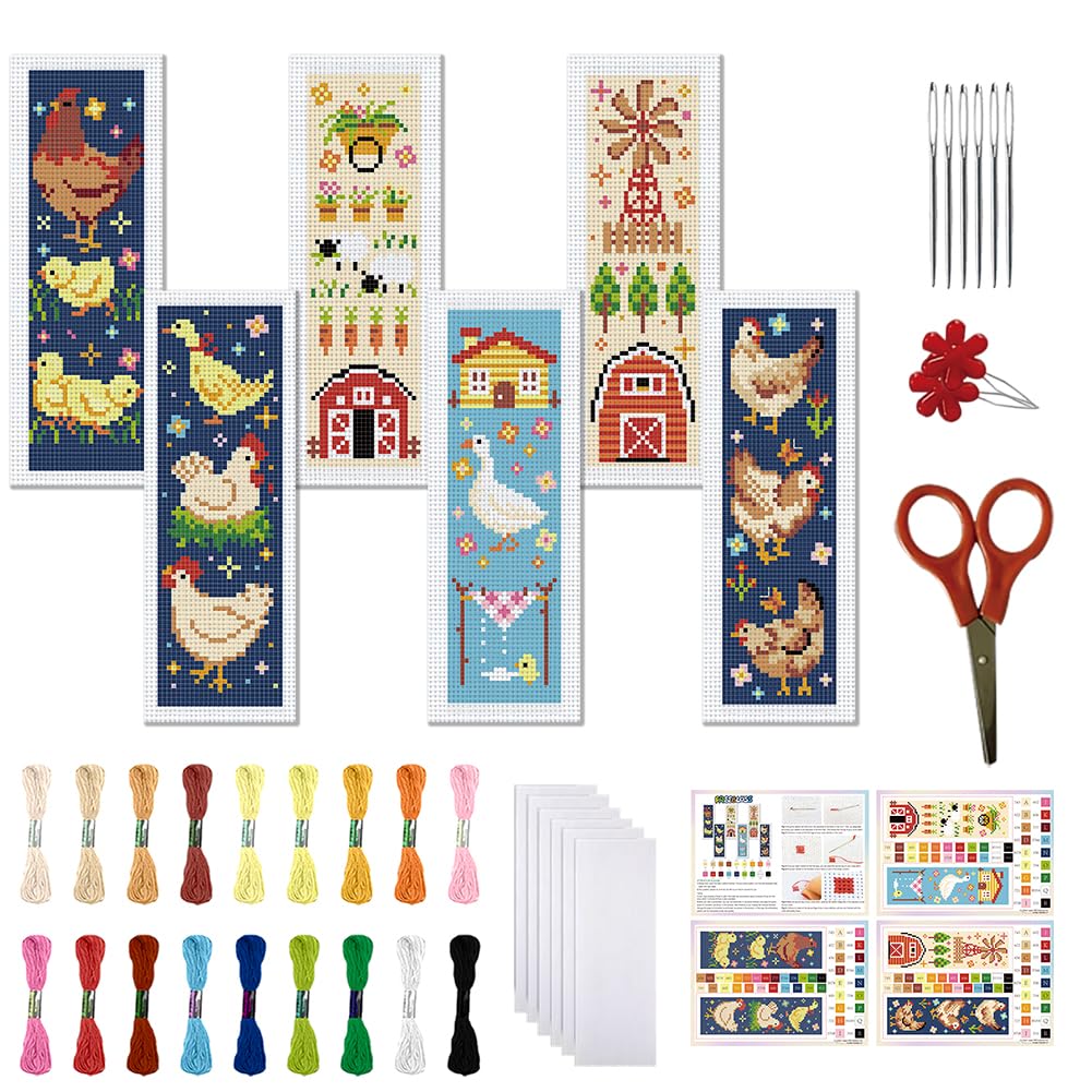 FREEBLOSS 6 Set Cross Stitch Bookmark Kit for Beginner Adults Farm Animal Stamped Embroidery Bookmark Kits Cross Stitch Kits with Instruction Bookmarks Making Kit for Book Lovers 8x2.4in/20x6cm